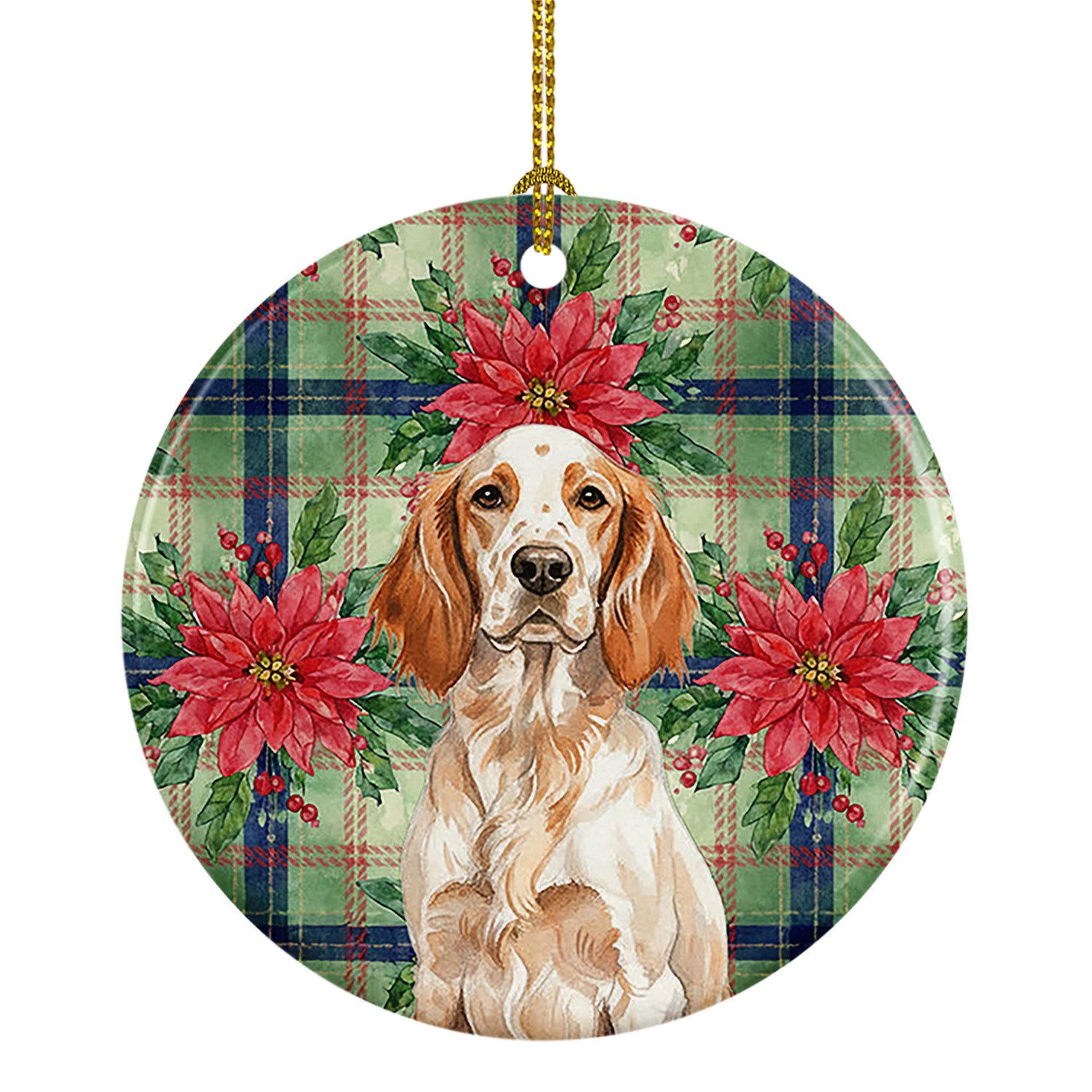 Caroline's Treasures Orange Belton English Setter Christmas PoinsettIas Ceramic Ornament