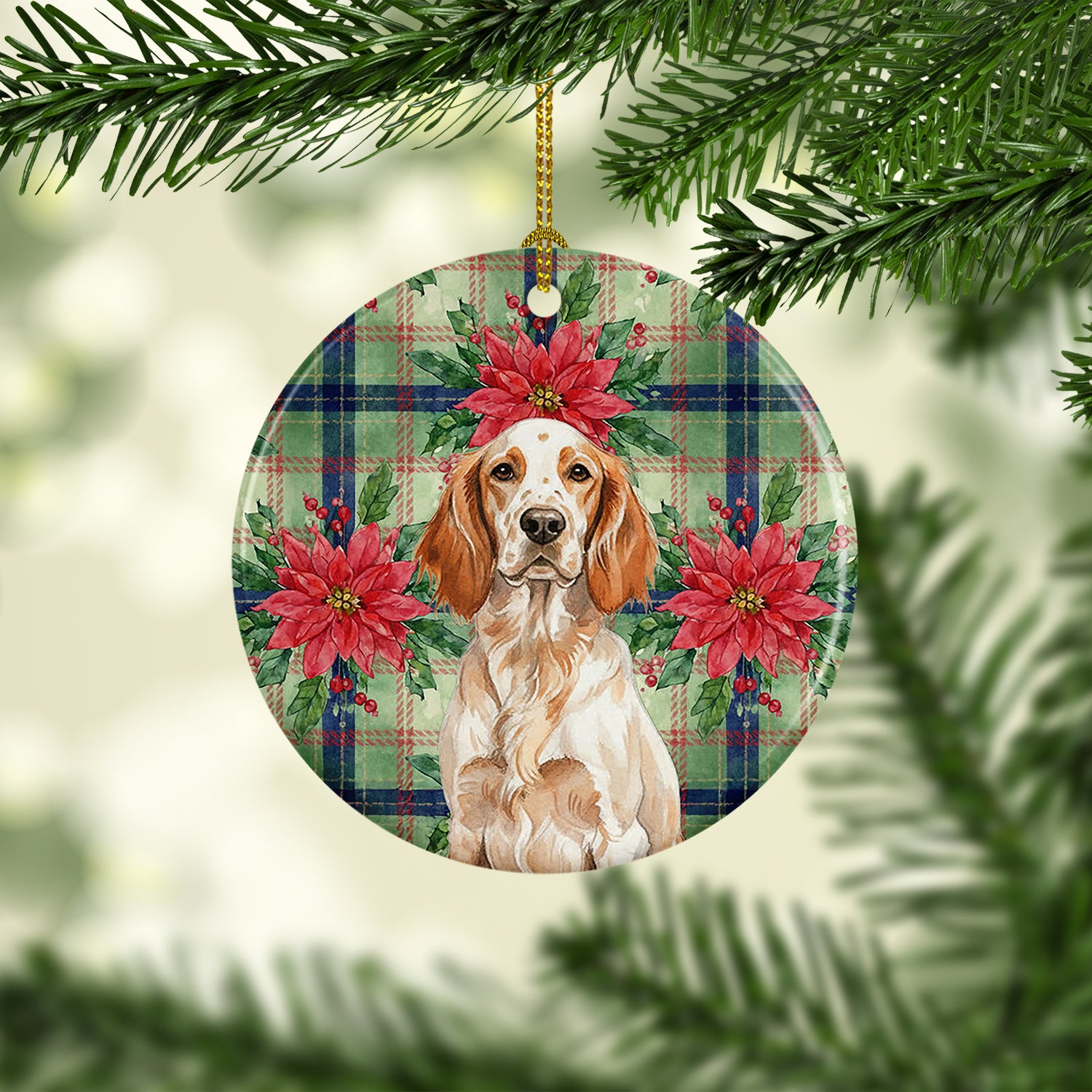 Caroline's Treasures Orange Belton English Setter Christmas PoinsettIas Ceramic Ornament