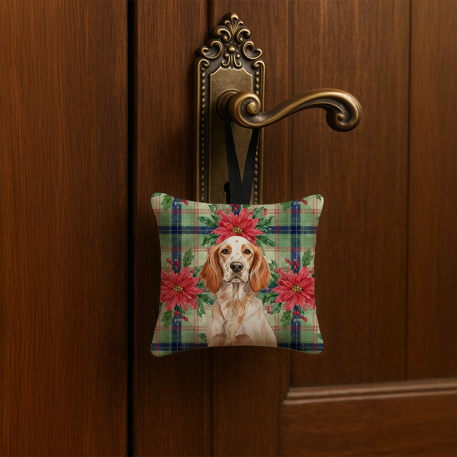 Caroline's Treasures Orange Belton English Setter Christmas PoinsettIas Hanging Square Fabric Ornament 3.5 x 3.5