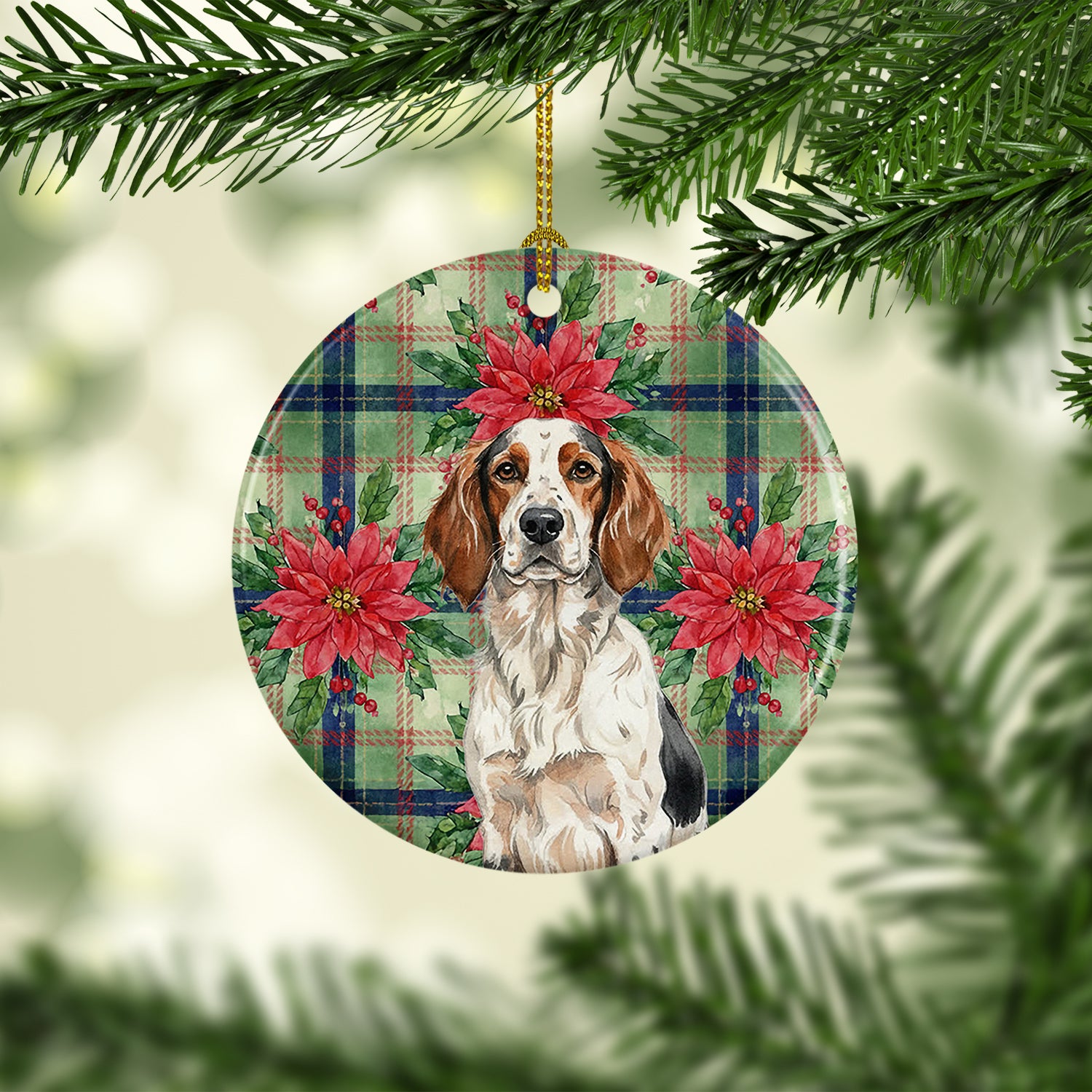 Caroline's Treasures Tricolor English Setter Christmas PoinsettIas Ceramic Ornament