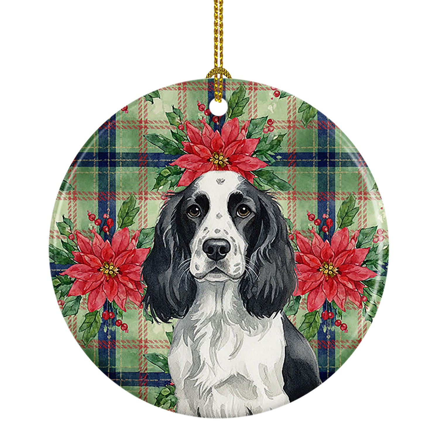 Caroline's Treasures Black and White English Springer Spaniel Christmas PoinsettIas Ceramic Ornament