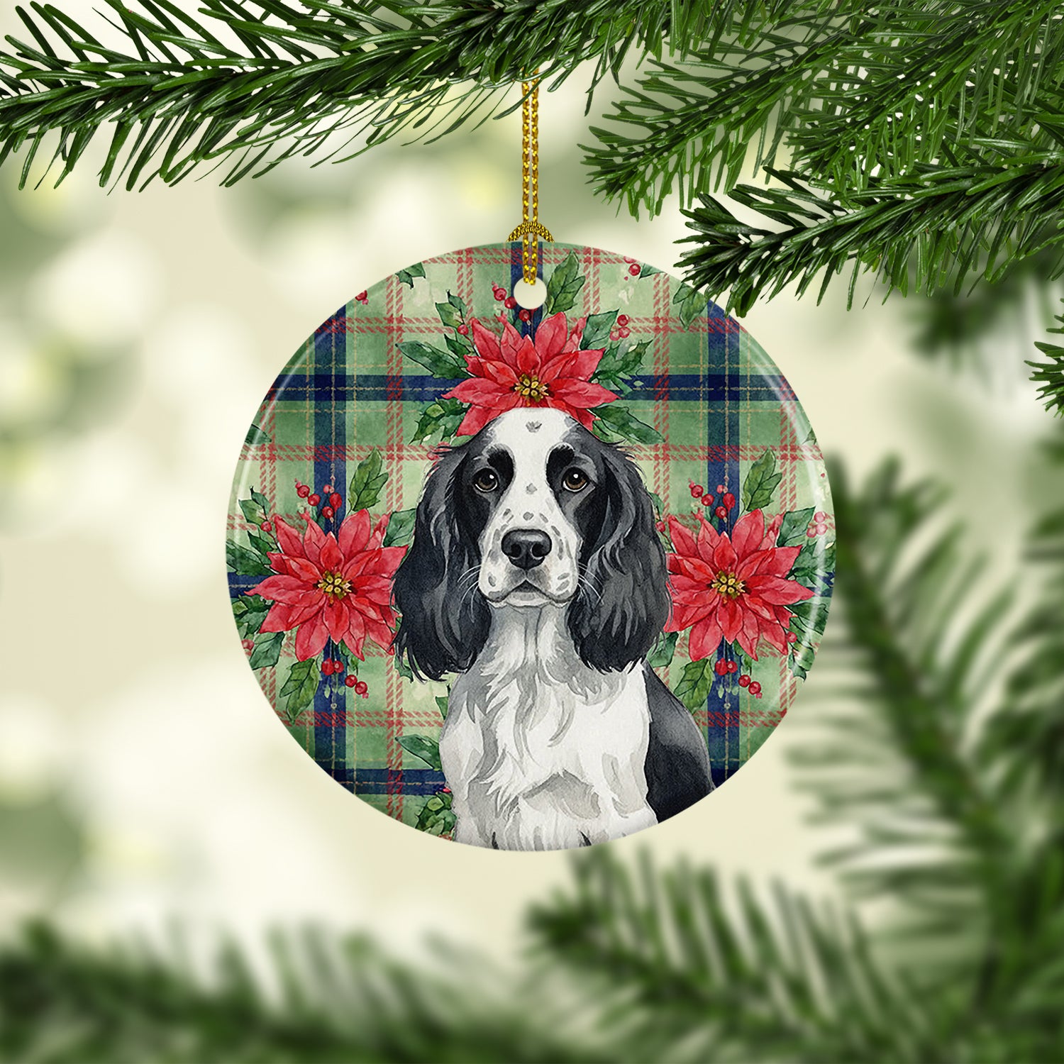 Caroline's Treasures Black and White English Springer Spaniel Christmas PoinsettIas Ceramic Ornament