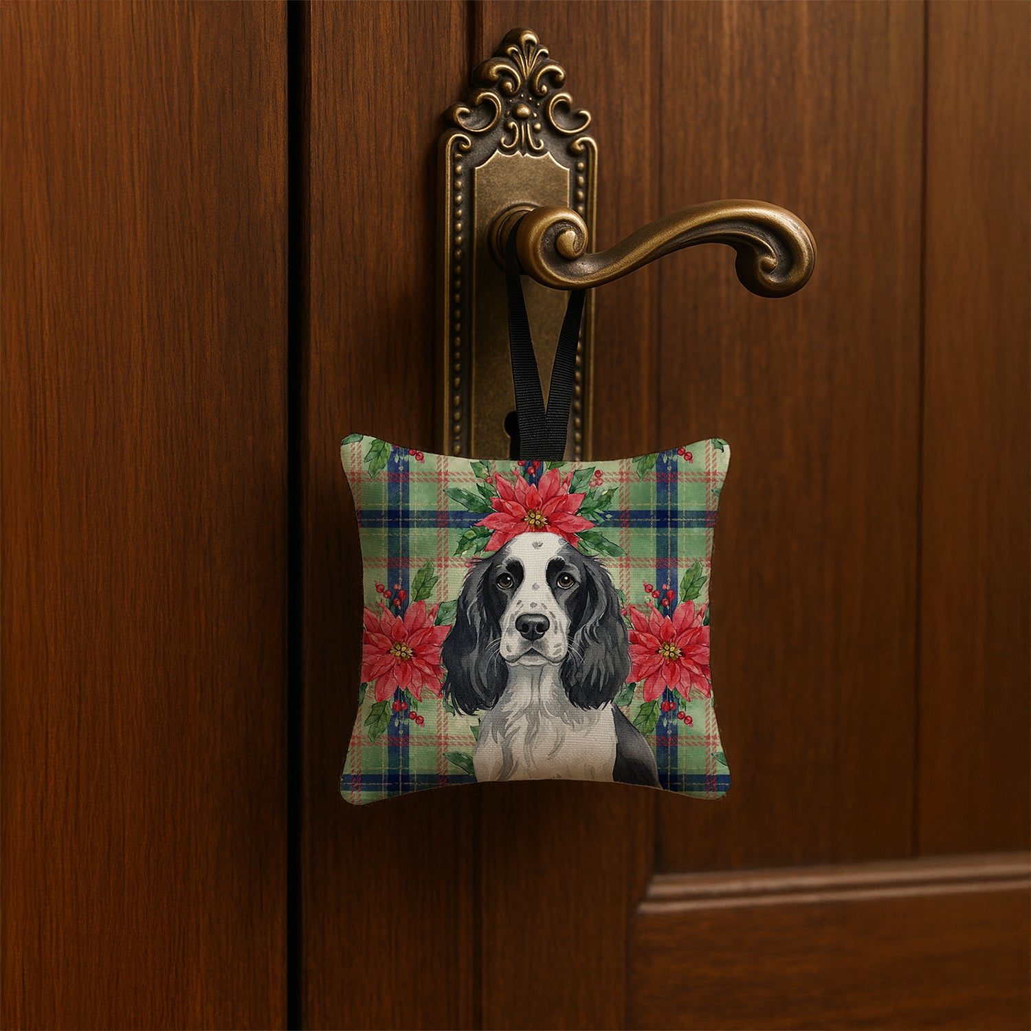 Caroline's Treasures Black and White English Springer Spaniel Christmas PoinsettIas Hanging Square Fabric Ornament 3.5 x 3.5