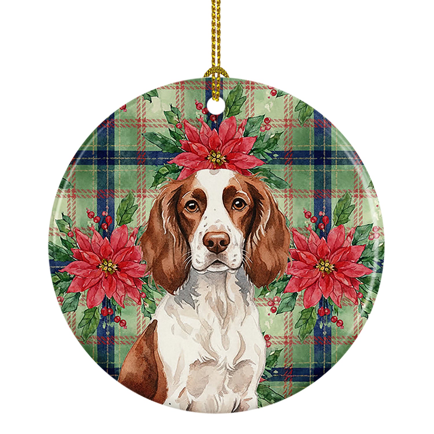 Caroline's Treasures Liver and White English Springer Spaniel Christmas PoinsettIas Ceramic Ornament
