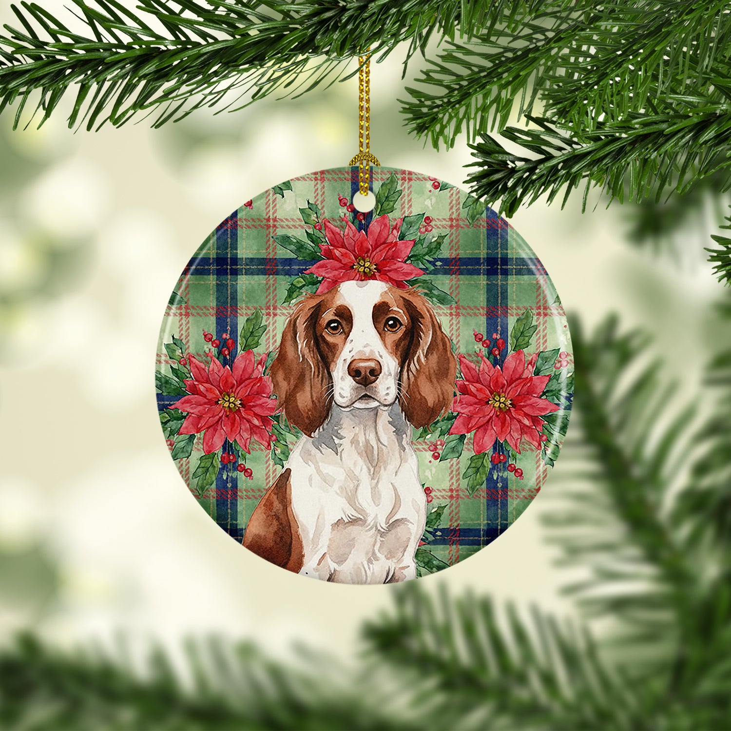 Caroline's Treasures Liver and White English Springer Spaniel Christmas PoinsettIas Ceramic Ornament