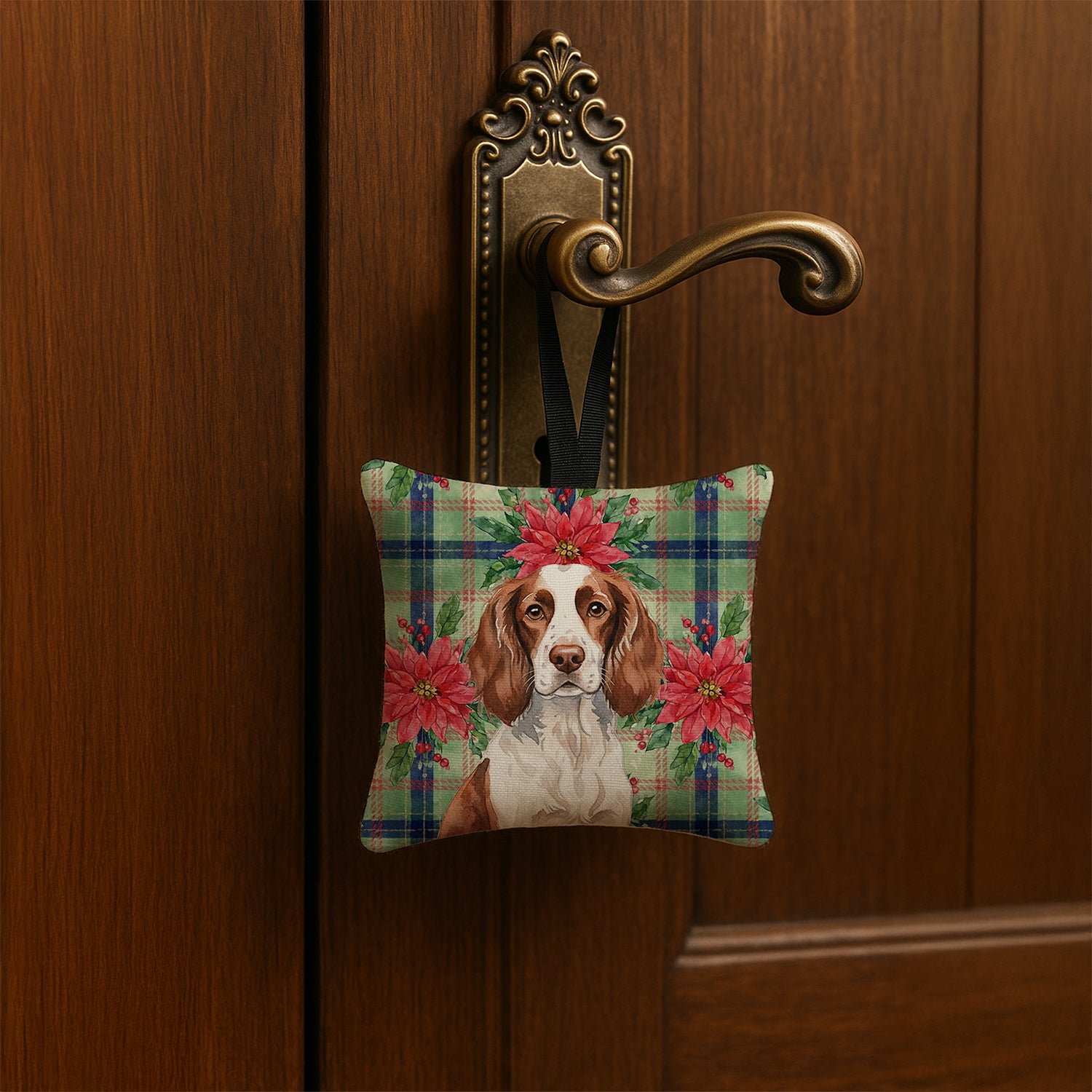 Caroline's Treasures Liver and White English Springer Spaniel Christmas PoinsettIas Hanging Square Fabric Ornament 3.5 x 3.5