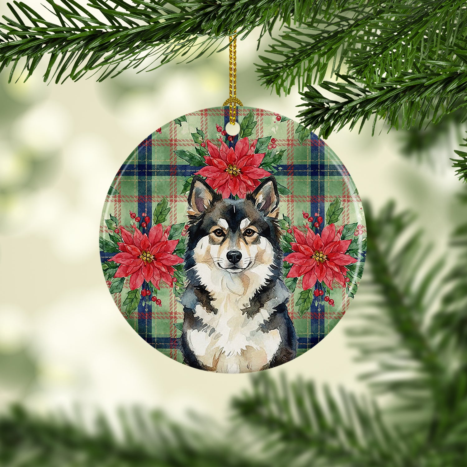 Caroline's Treasures Finnish Lapphund Christmas PoinsettIas Ceramic Ornament