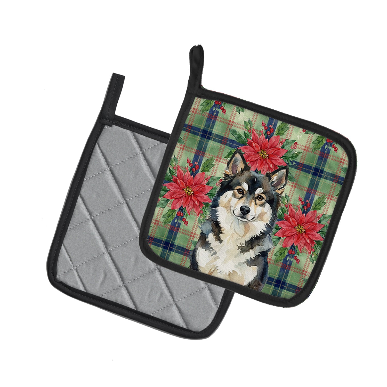 Caroline's Treasures Finnish Lapphund Christmas PoinsettIas Pair of Pot Holders