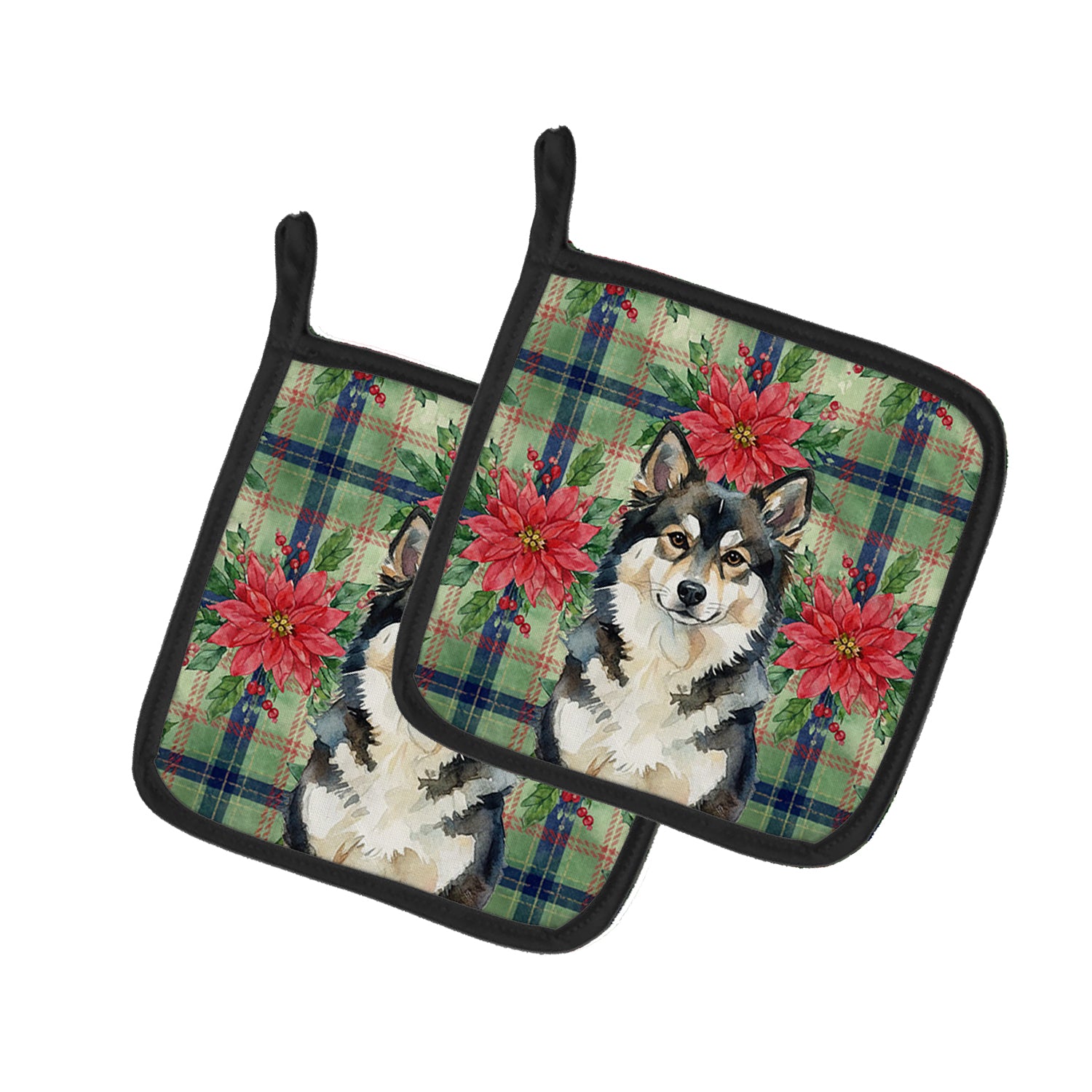 Caroline's Treasures Finnish Lapphund Christmas PoinsettIas Pair of Pot Holders