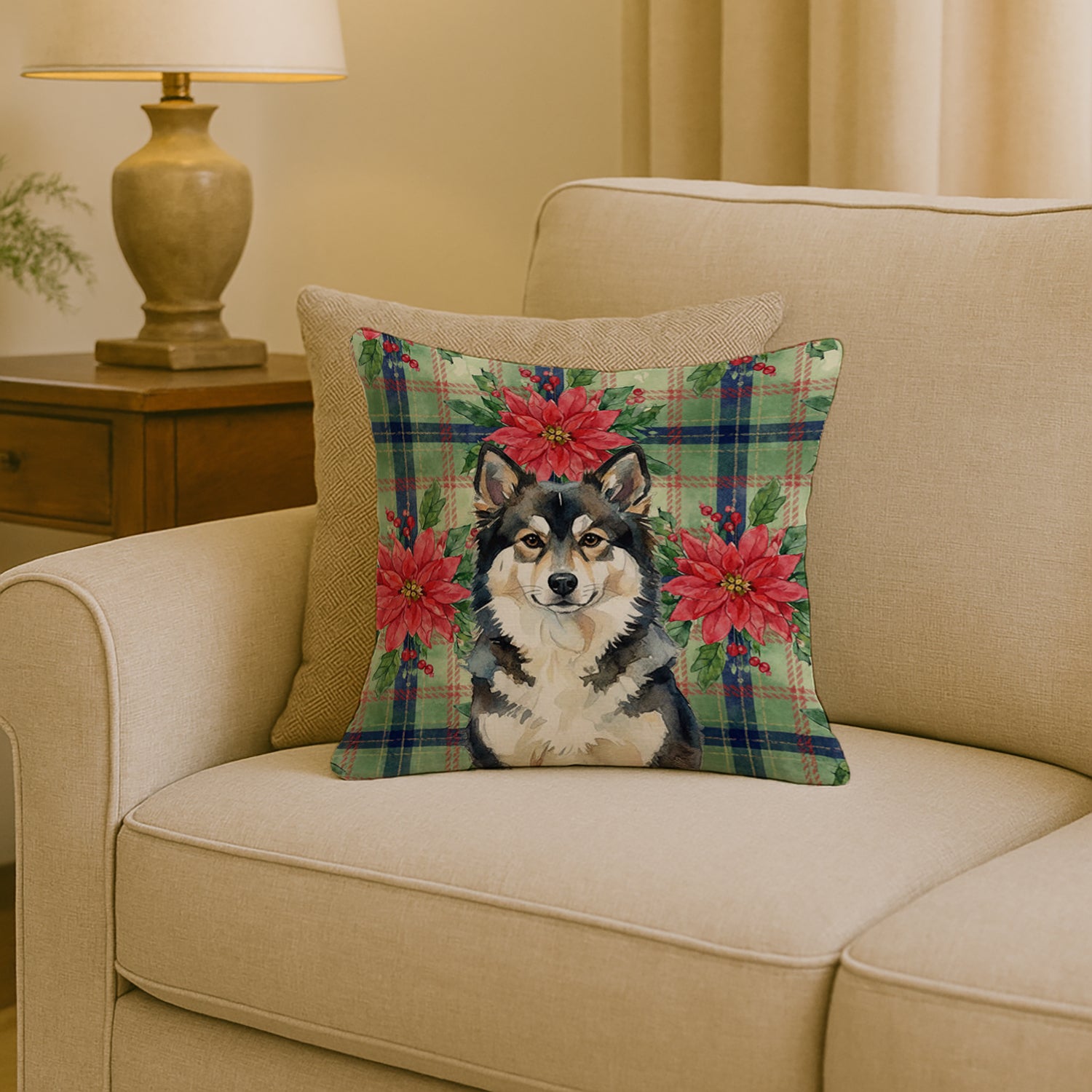 Caroline's Treasures Finnish Lapphund Christmas PoinsettIas Throw Pillow