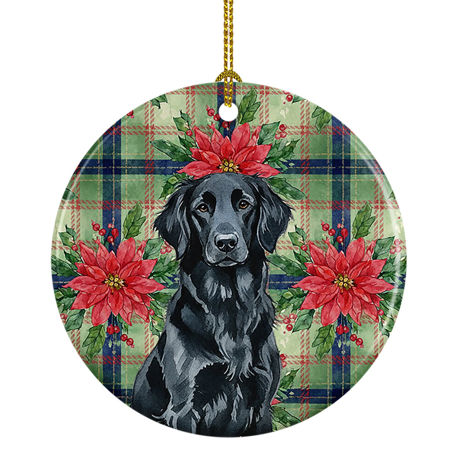 Caroline's Treasures Black Flat-Coated Retriever Christmas PoinsettIas Ceramic Ornament