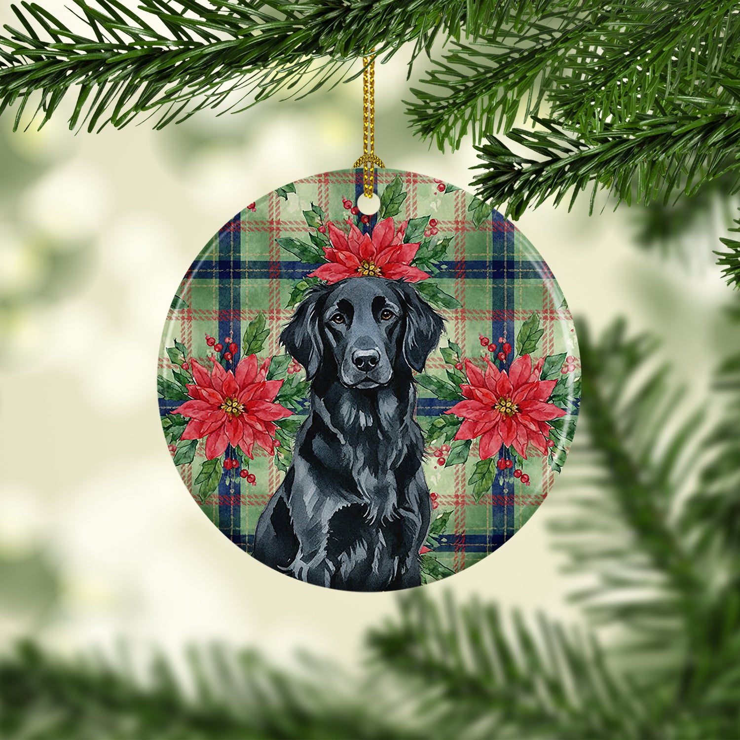 Caroline's Treasures Black Flat-Coated Retriever Christmas PoinsettIas Ceramic Ornament