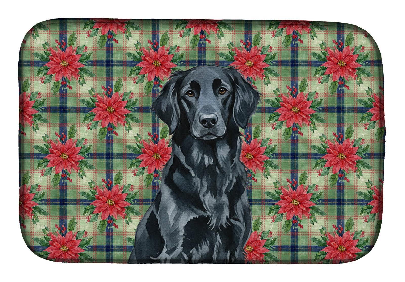 Caroline's Treasures Black Flat-Coated Retriever Christmas PoinsettIas Dish Drying Mat