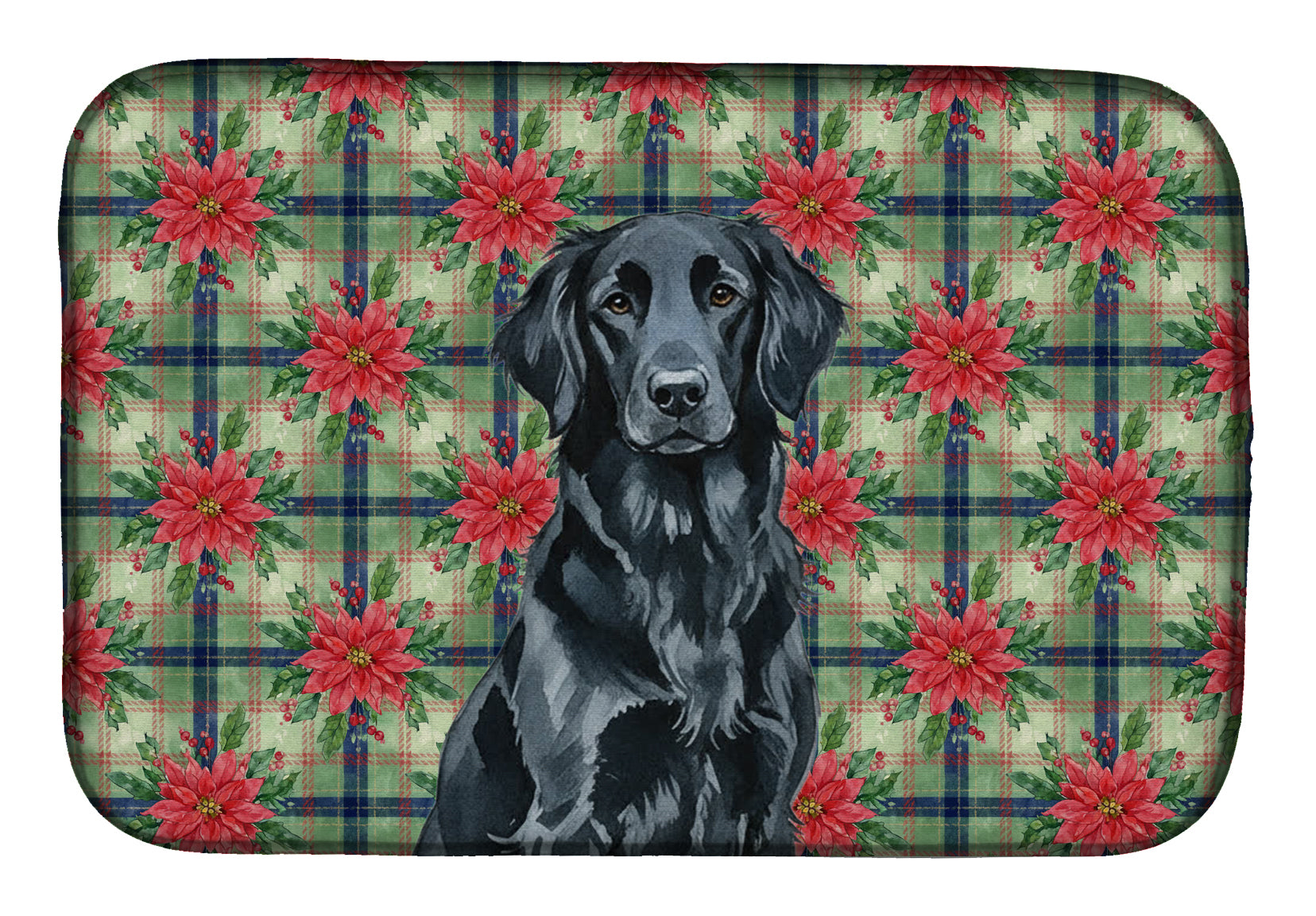 Caroline's Treasures Black Flat-Coated Retriever Christmas PoinsettIas Dish Drying Mat