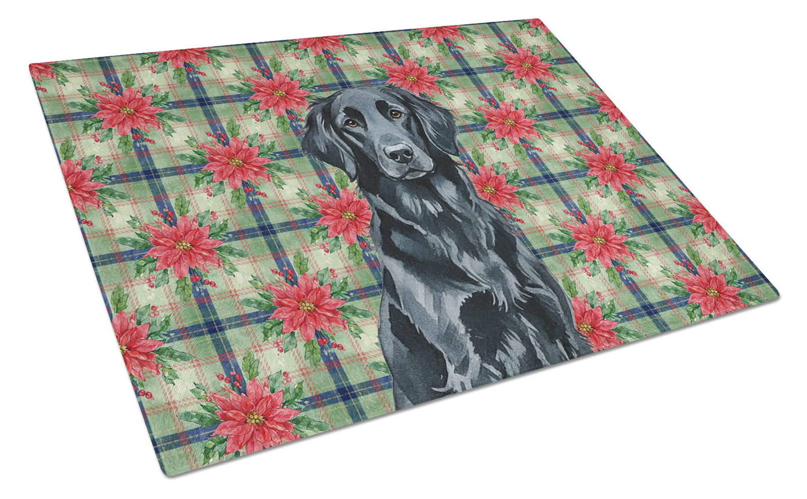 Caroline's Treasures Black Flat-Coated Retriever Christmas PoinsettIas Glass Cutting Board