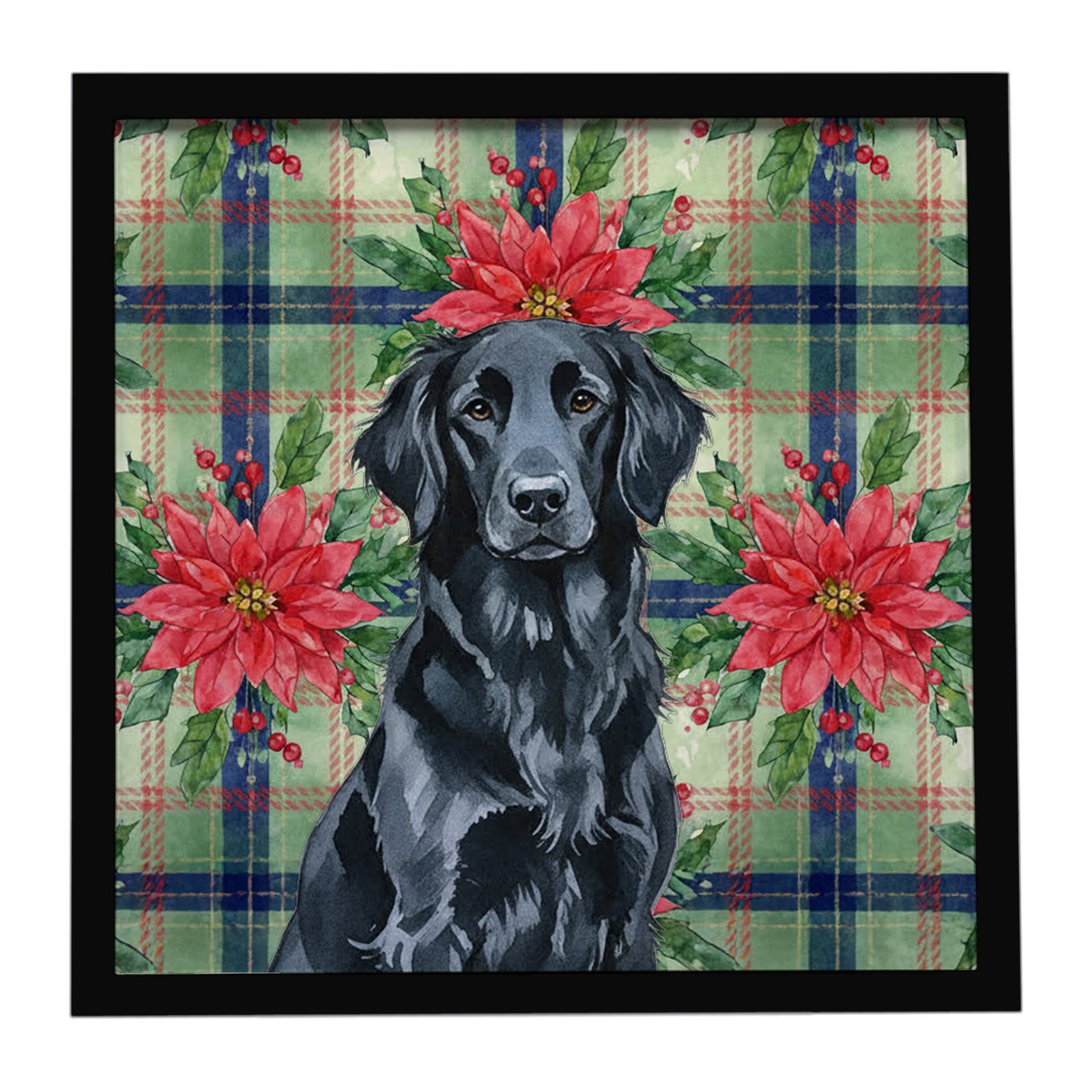 Caroline's Treasures Black Flat-Coated Retriever Christmas PoinsettIas Framed Metal Print