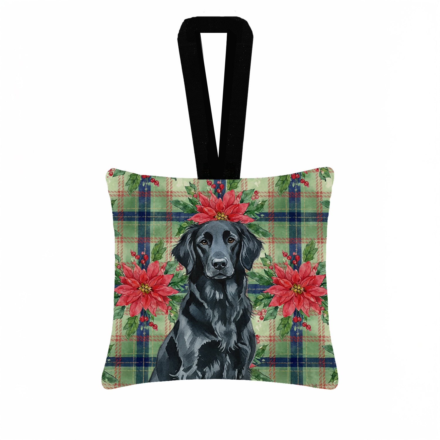 Caroline's Treasures Black Flat-Coated Retriever Christmas PoinsettIas Hanging Square Fabric Ornament 3.5 x 3.5