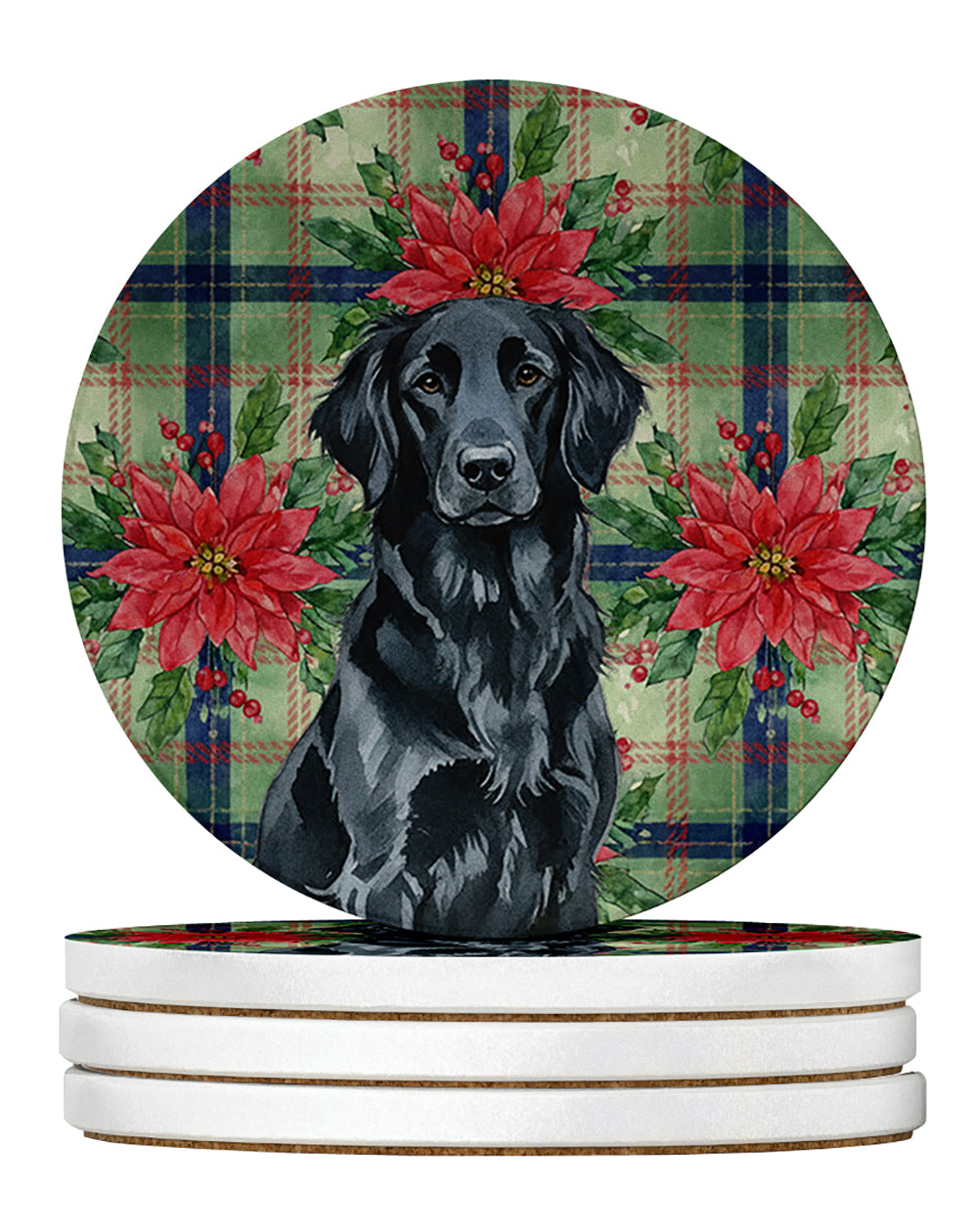 Caroline's Treasures Black Flat-Coated Retriever Christmas PoinsettIas Large Sandstone Coasters Pack of 4
