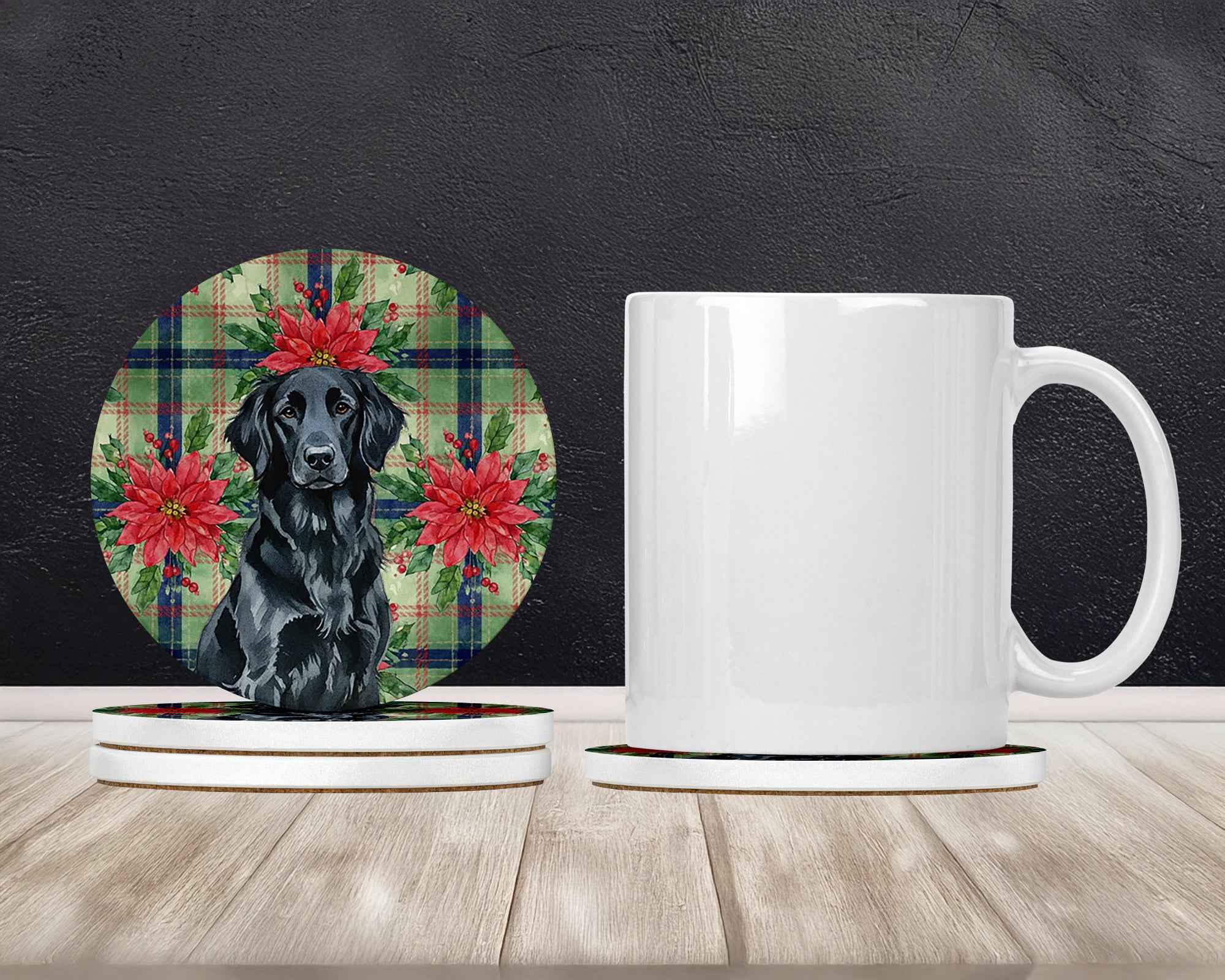 Caroline's Treasures Black Flat-Coated Retriever Christmas PoinsettIas Large Sandstone Coasters Pack of 4