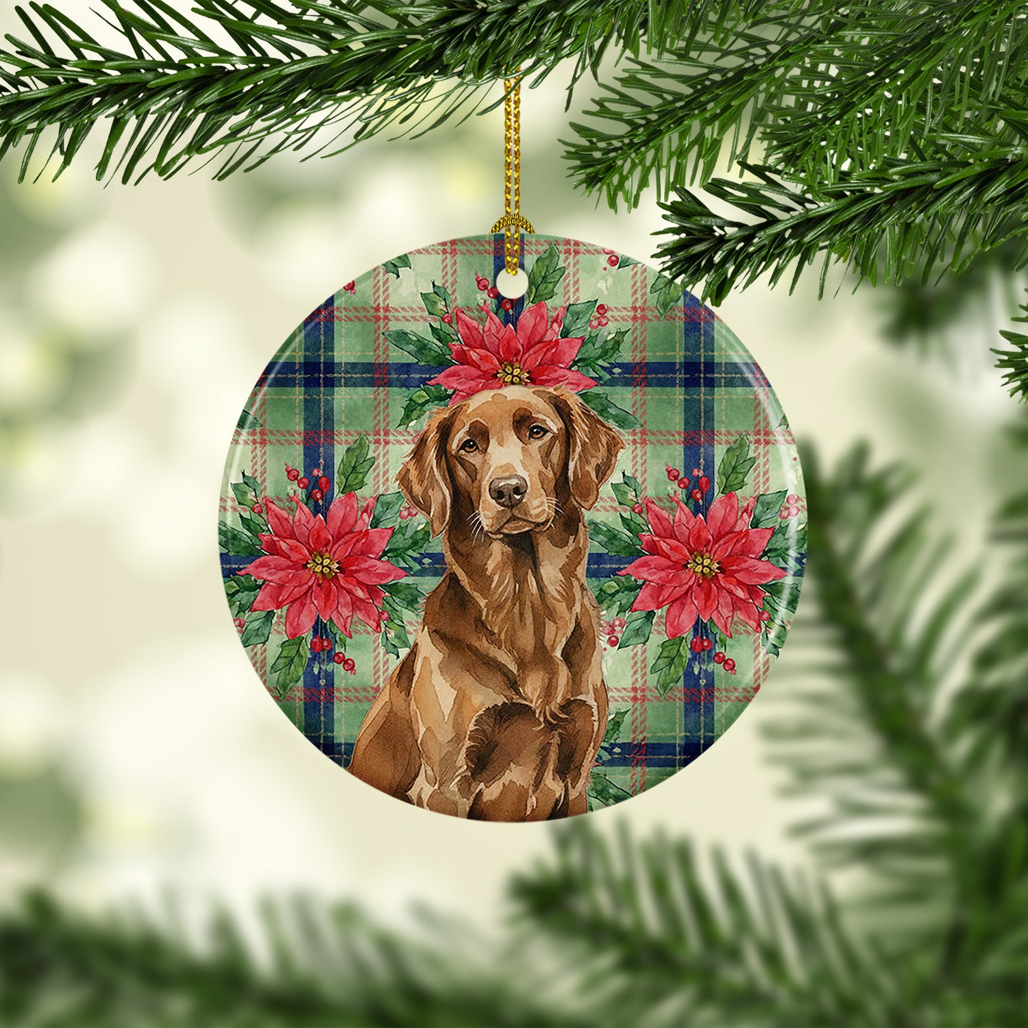 Caroline's Treasures Liver Flat-Coated Retriever Christmas PoinsettIas Ceramic Ornament