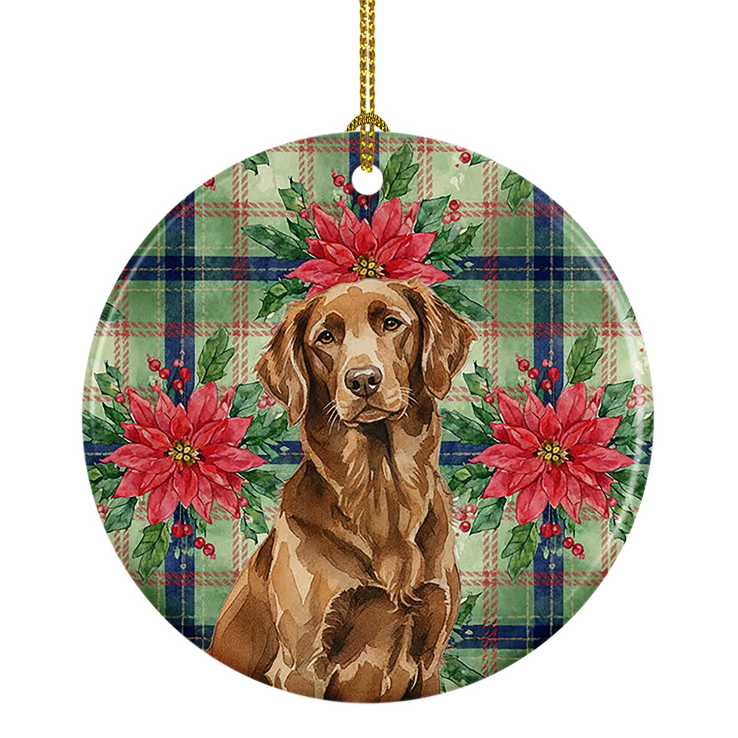 Caroline's Treasures Liver Flat-Coated Retriever Christmas PoinsettIas Ceramic Ornament