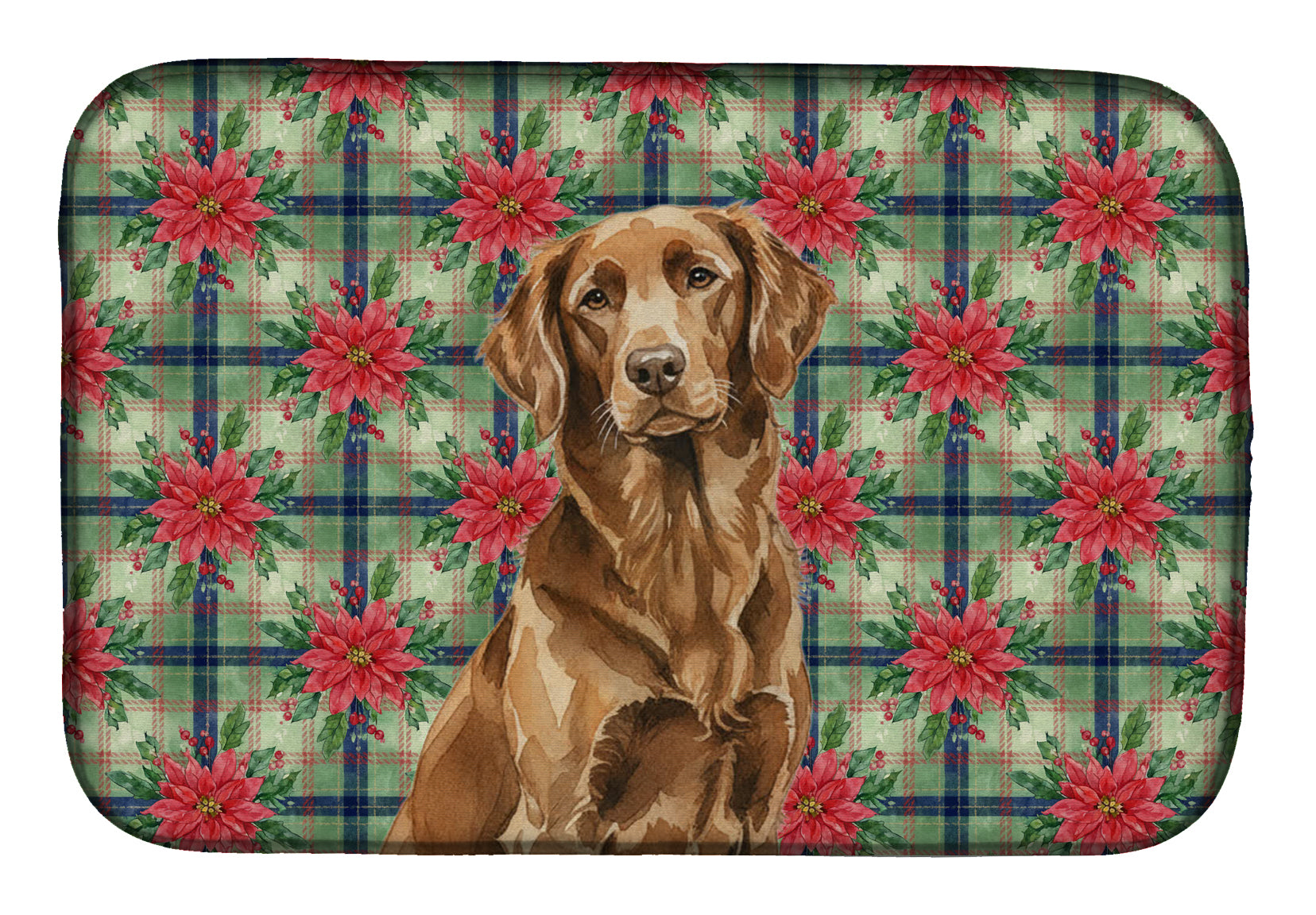 Caroline's Treasures Liver Flat-Coated Retriever Christmas PoinsettIas Dish Drying Mat