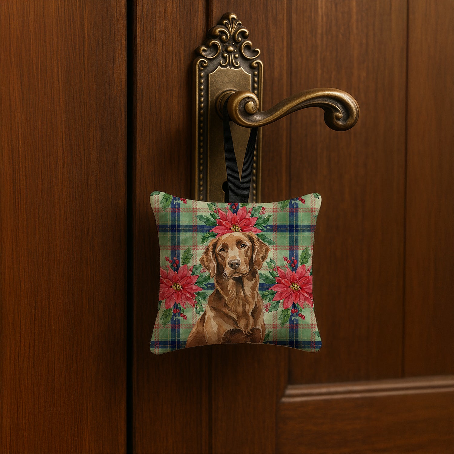 Caroline's Treasures Liver Flat-Coated Retriever Christmas PoinsettIas Hanging Square Fabric Ornament 3.5 x 3.5
