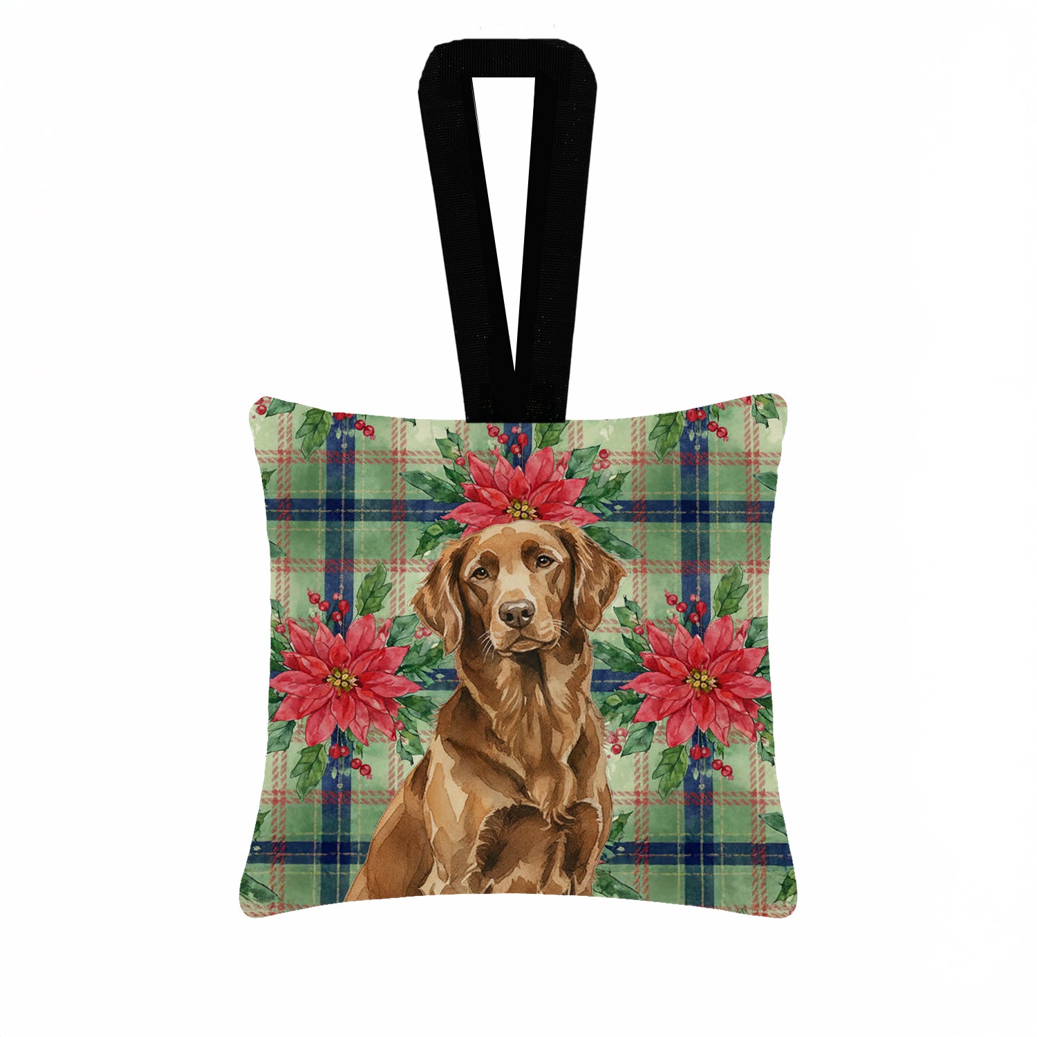 Caroline's Treasures Liver Flat-Coated Retriever Christmas PoinsettIas Hanging Square Fabric Ornament 3.5 x 3.5