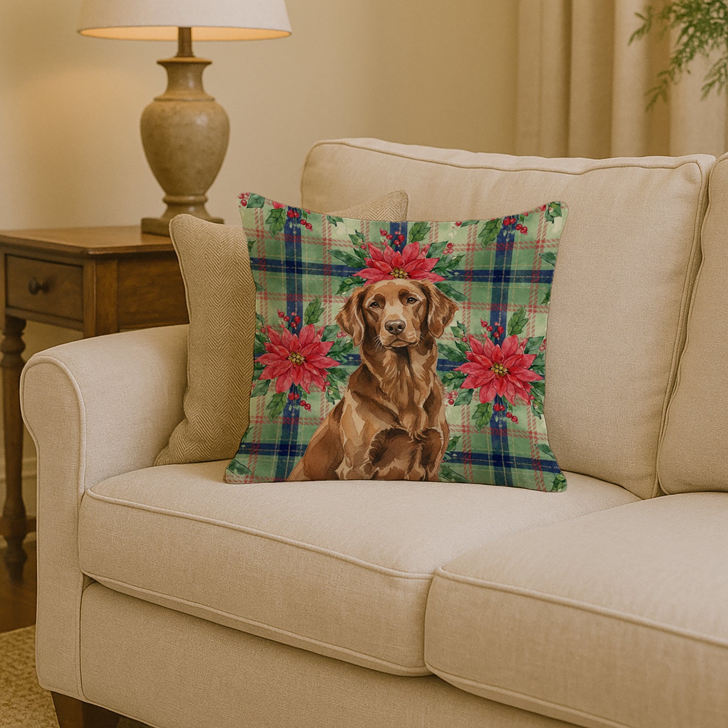 Caroline's Treasures Liver Flat-Coated Retriever Christmas PoinsettIas Throw Pillow