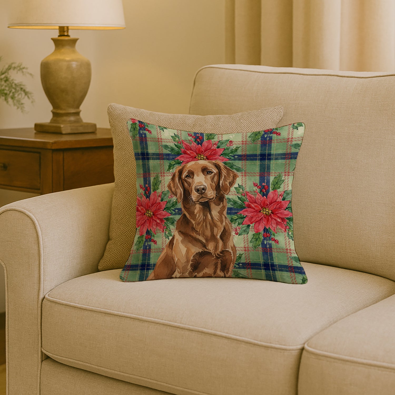 Caroline's Treasures Liver Flat-Coated Retriever Christmas PoinsettIas Throw Pillow