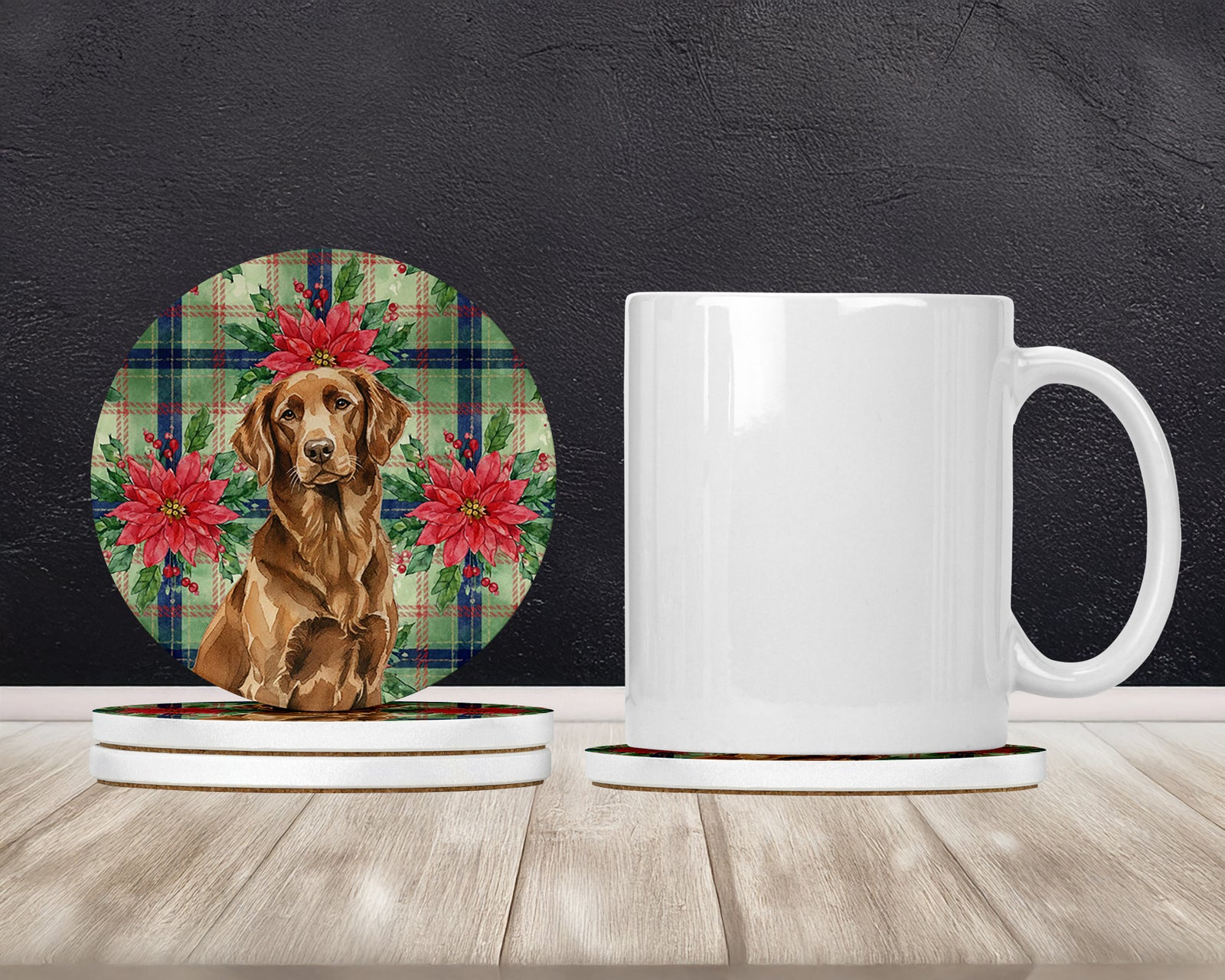 Caroline's Treasures Liver Flat-Coated Retriever Christmas PoinsettIas Large Sandstone Coasters Pack of 4