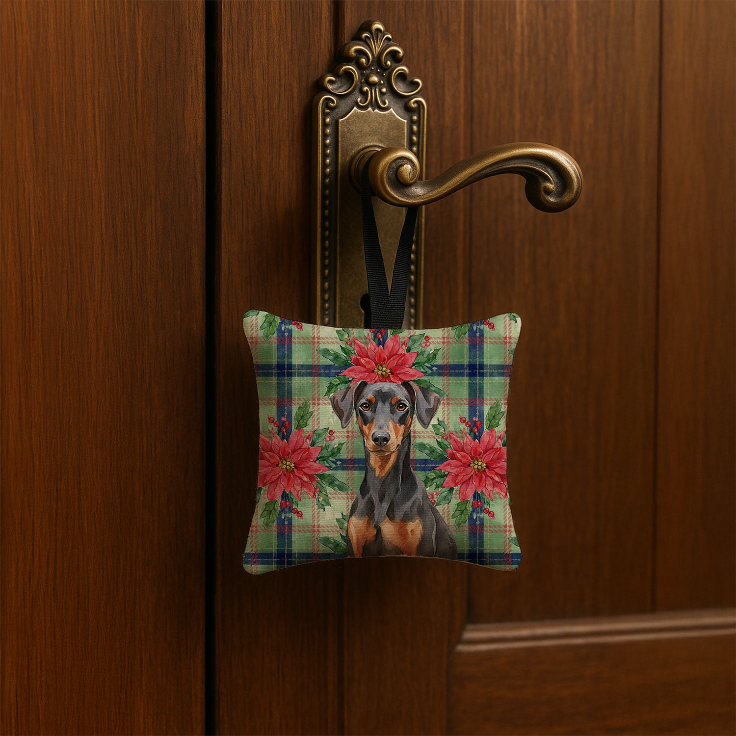 Caroline's Treasures German Pinscher Christmas PoinsettIas Hanging Square Fabric Ornament 3.5 x 3.5