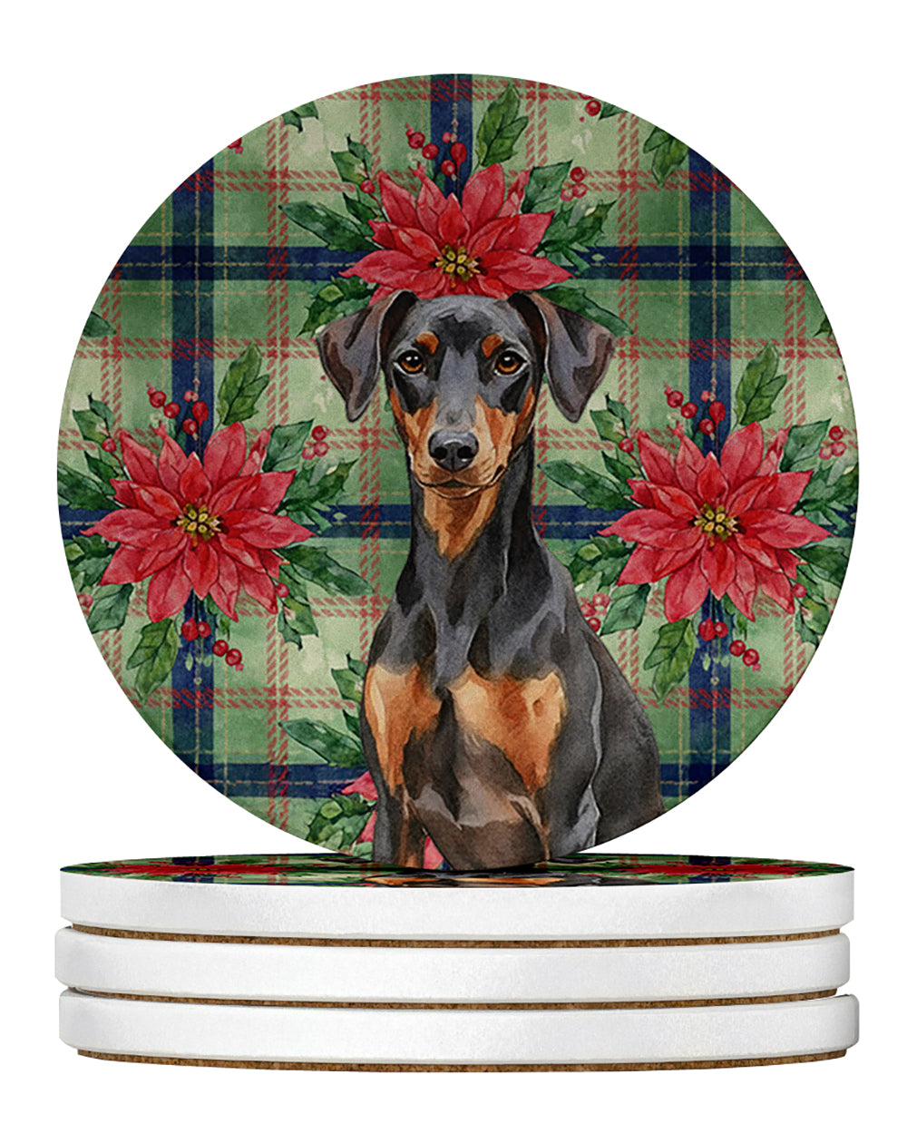 Caroline's Treasures German Pinscher Christmas PoinsettIas Large Sandstone Coasters Pack of 4