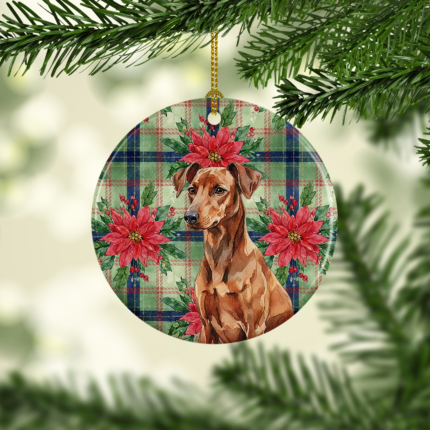 Caroline's Treasures Red German Pinscher Christmas PoinsettIas Ceramic Ornament