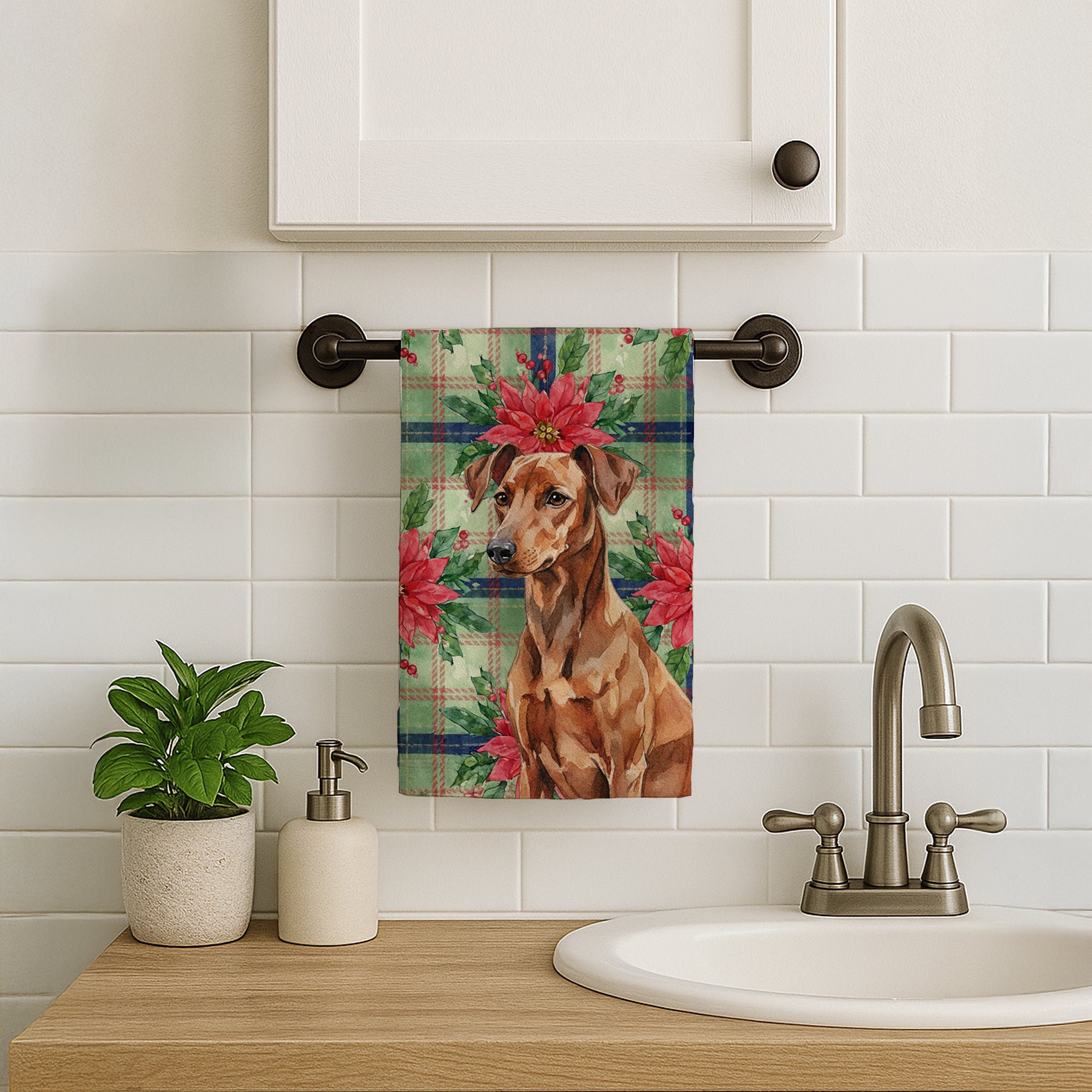 Caroline's Treasures Red German Pinscher Christmas PoinsettIas Kitchen Towel