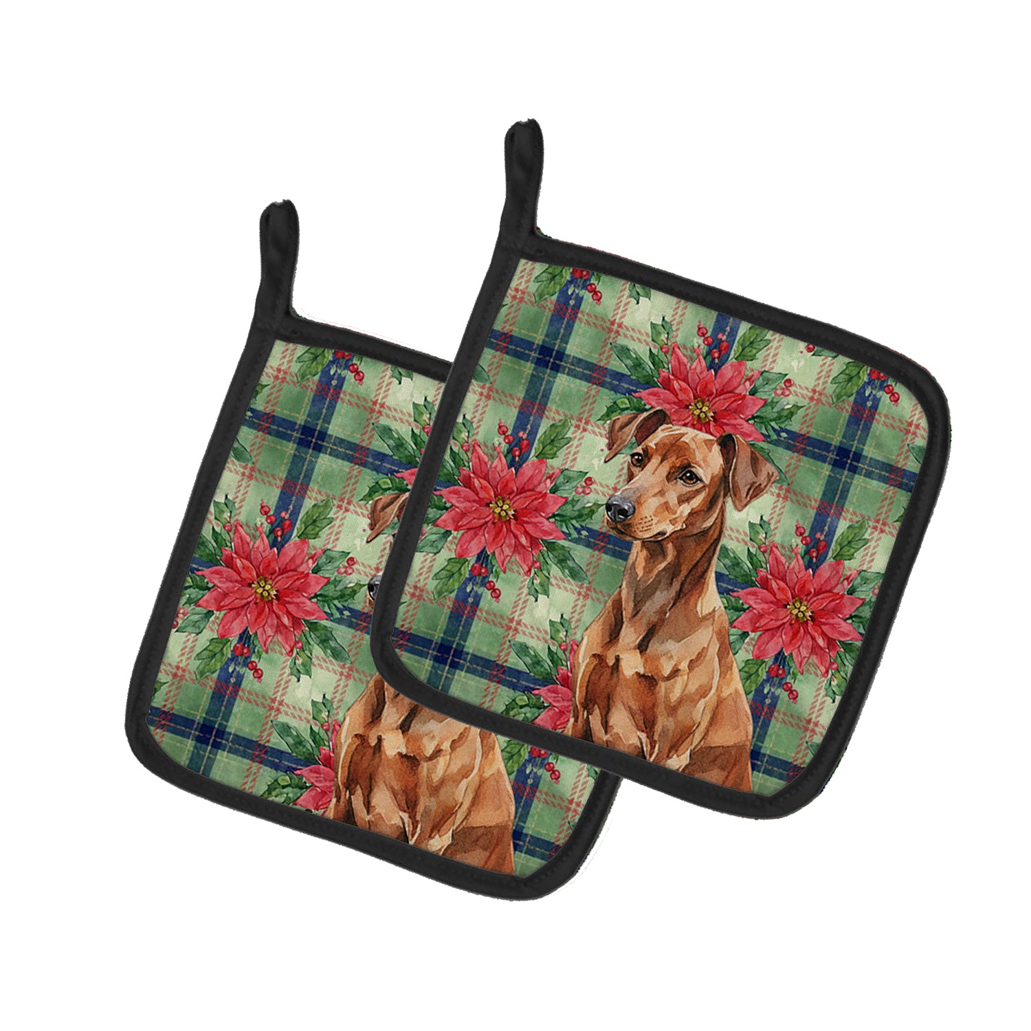 Caroline's Treasures Red German Pinscher Christmas PoinsettIas Pair of Pot Holders
