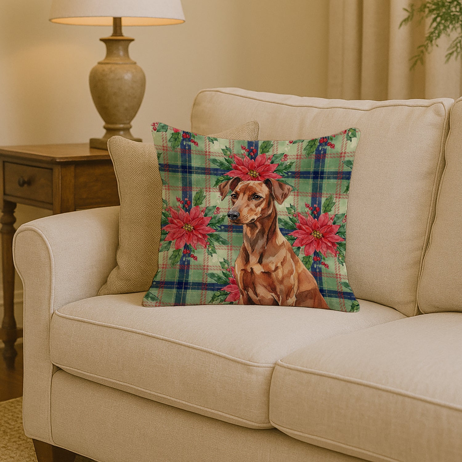 Caroline's Treasures Red German Pinscher Christmas PoinsettIas Throw Pillow
