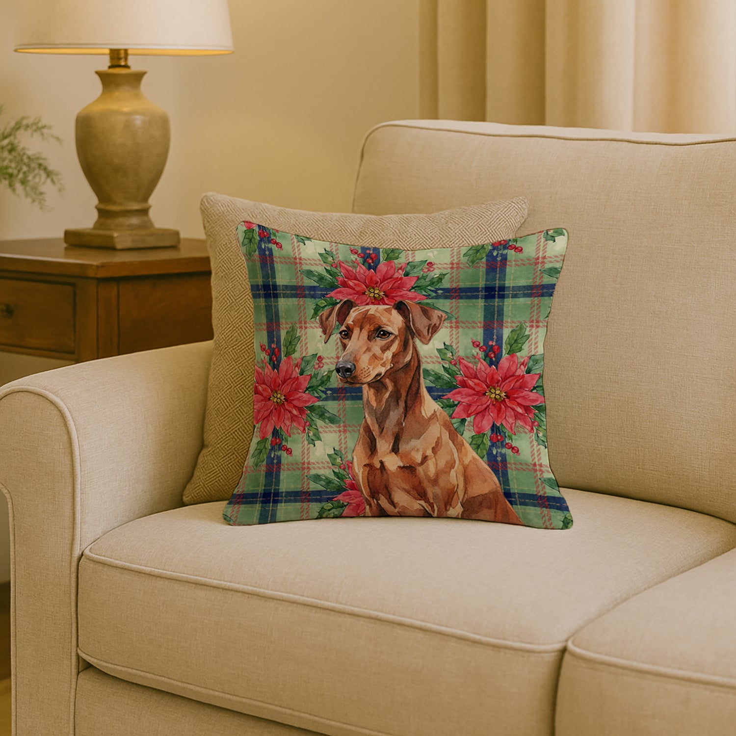 Caroline's Treasures Red German Pinscher Christmas PoinsettIas Throw Pillow