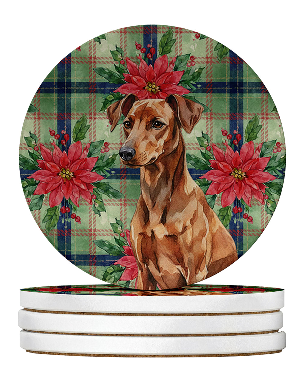 Caroline's Treasures Red German Pinscher Christmas PoinsettIas Large Sandstone Coasters Pack of 4