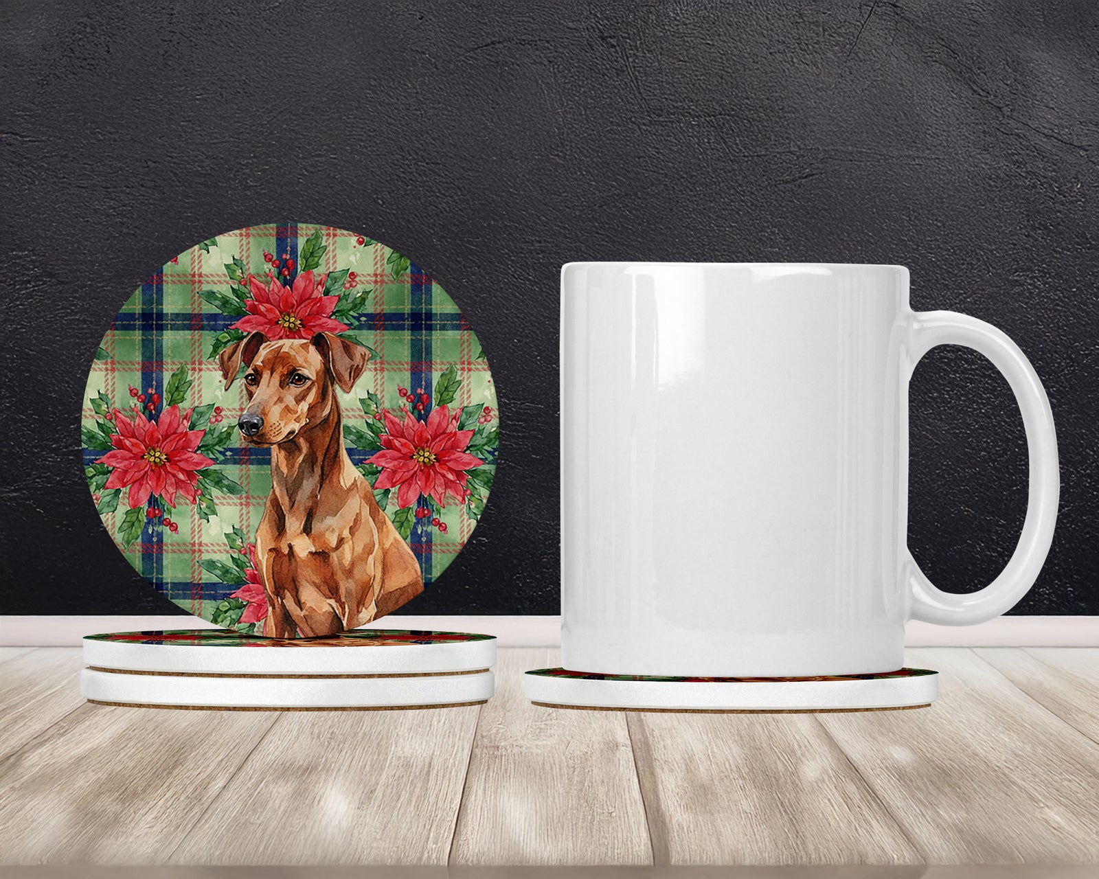 Caroline's Treasures Red German Pinscher Christmas PoinsettIas Large Sandstone Coasters Pack of 4