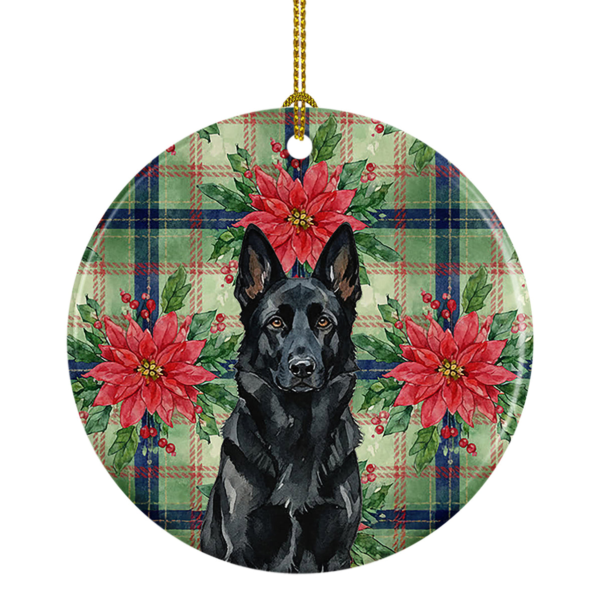 Caroline's Treasures Black German Shepherd Christmas PoinsettIas Ceramic Ornament