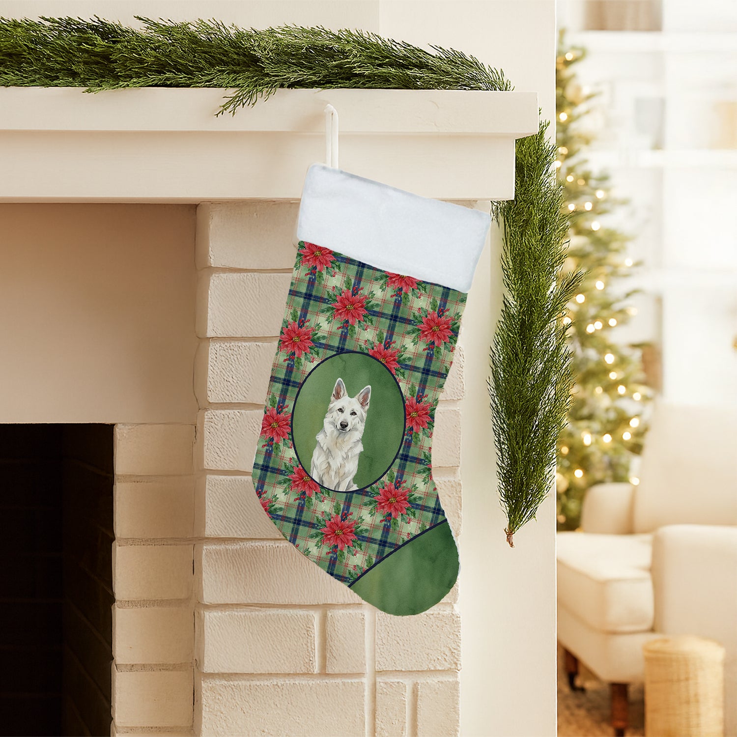 Caroline's Treasures White German Shepherd Christmas PoinsettIas Holiday Stocking