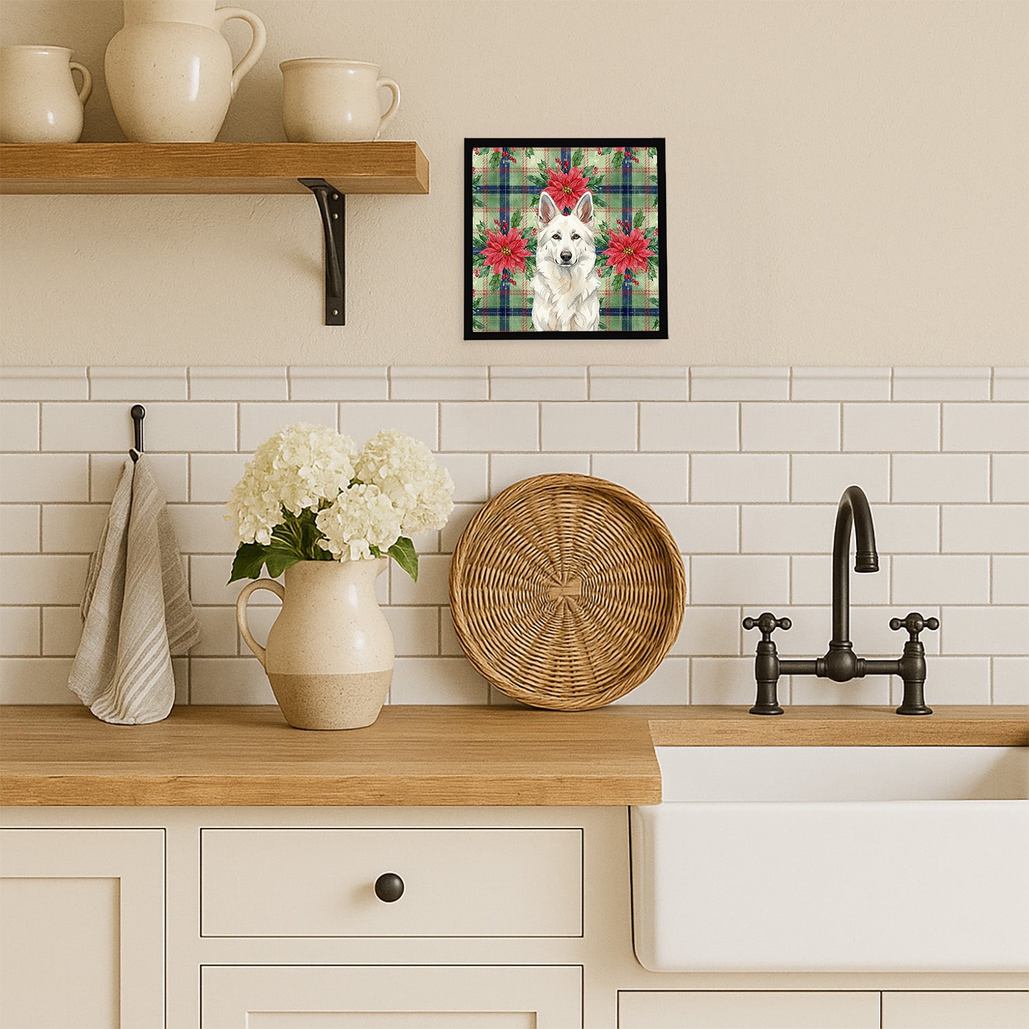 Caroline's Treasures White German Shepherd Christmas PoinsettIas Framed Metal Print