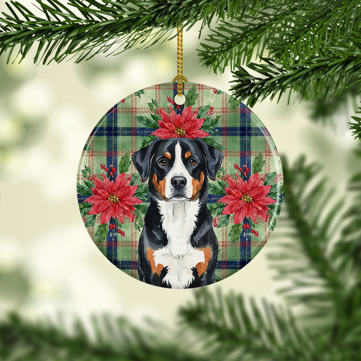 Caroline's Treasures Greater Swiss Mountain Dog Christmas PoinsettIas Ceramic Ornament