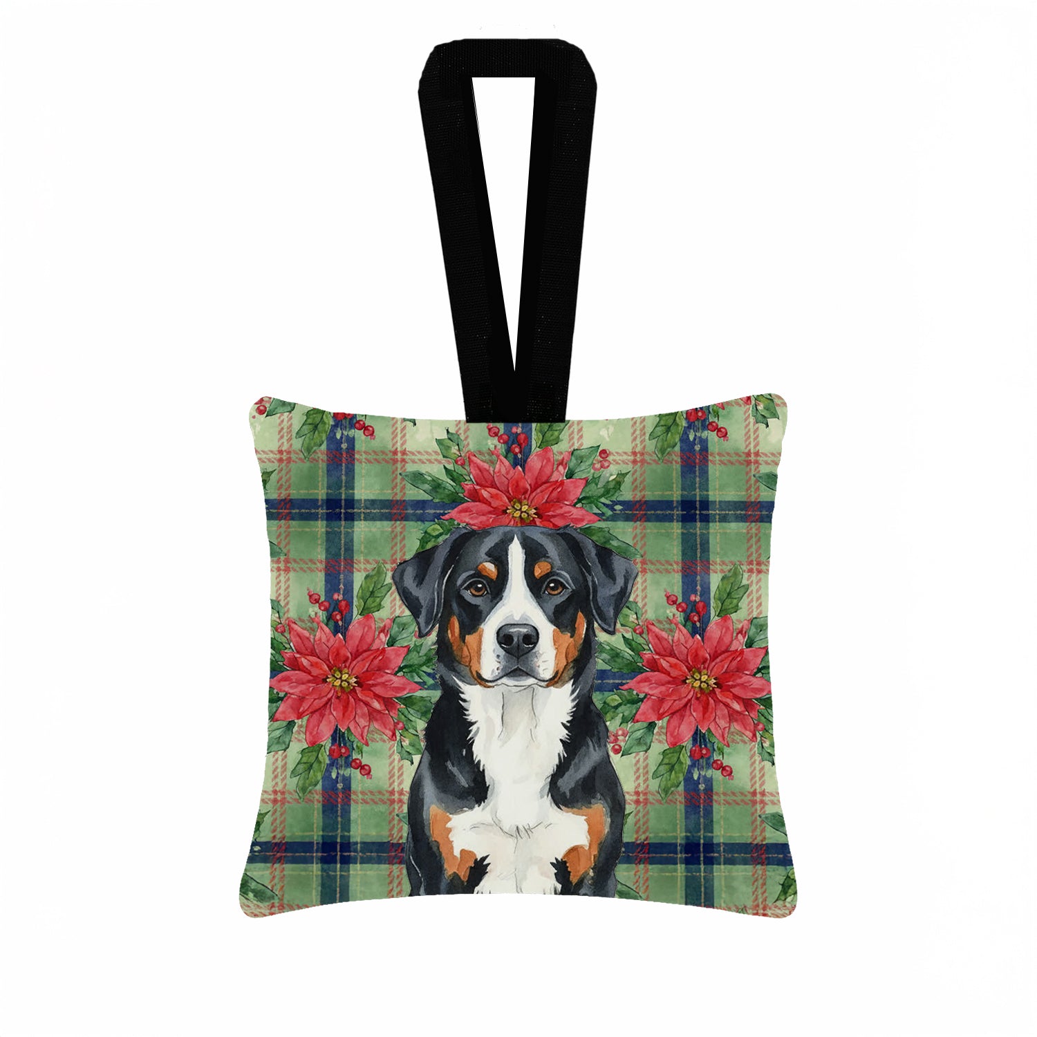 Caroline's Treasures Greater Swiss Mountain Dog Christmas PoinsettIas Hanging Square Fabric Ornament 3.5 x 3.5
