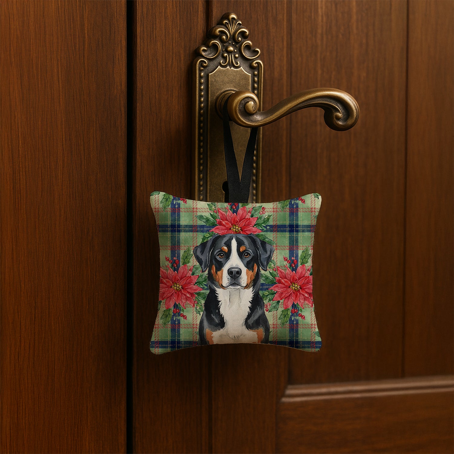 Caroline's Treasures Greater Swiss Mountain Dog Christmas PoinsettIas Hanging Square Fabric Ornament 3.5 x 3.5