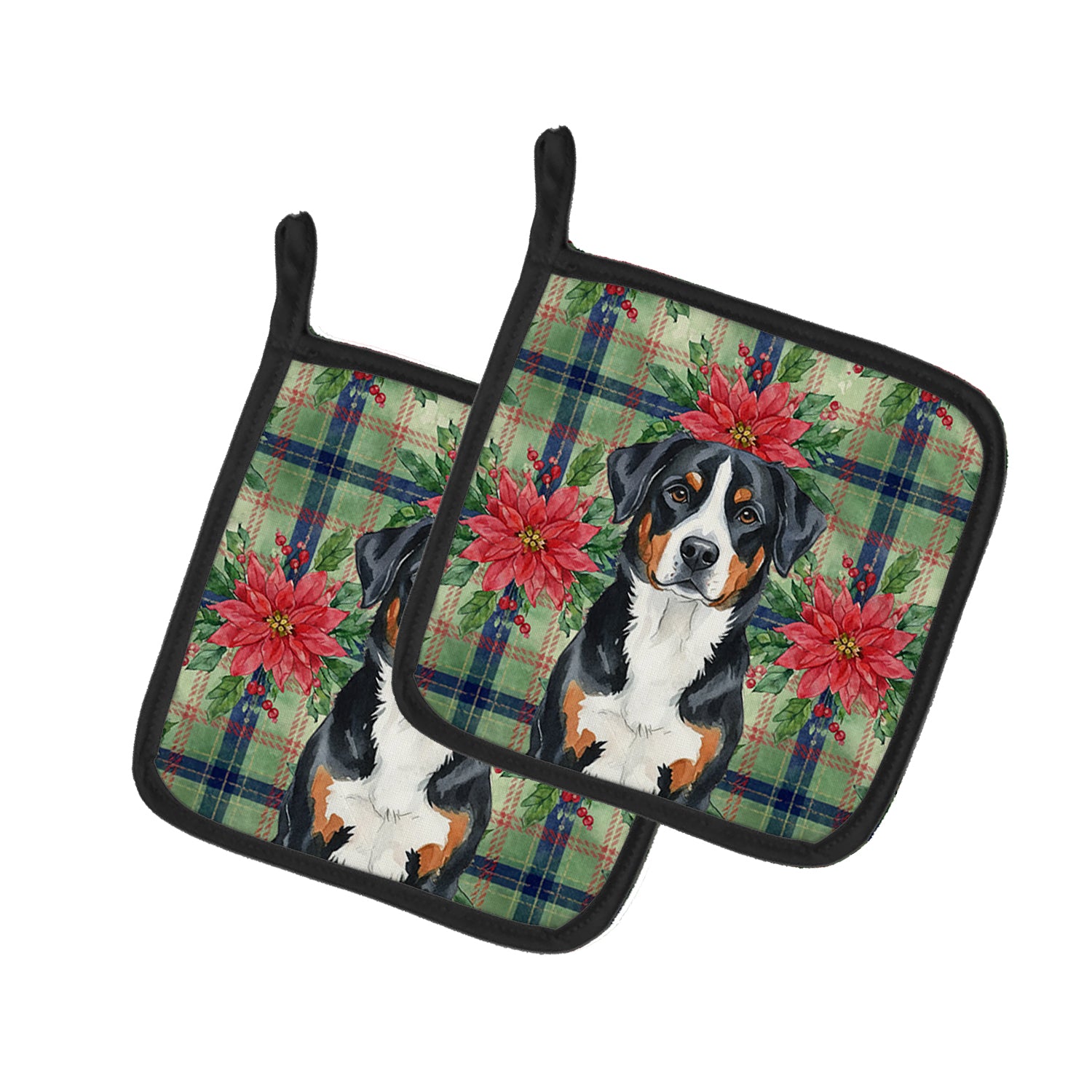 Caroline's Treasures Greater Swiss Mountain Dog Christmas PoinsettIas Pair of Pot Holders