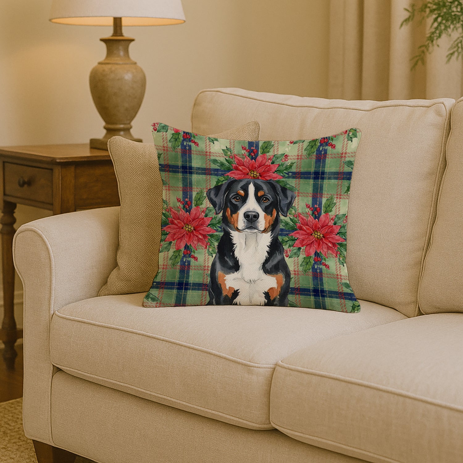Caroline's Treasures Greater Swiss Mountain Dog Christmas PoinsettIas Throw Pillow