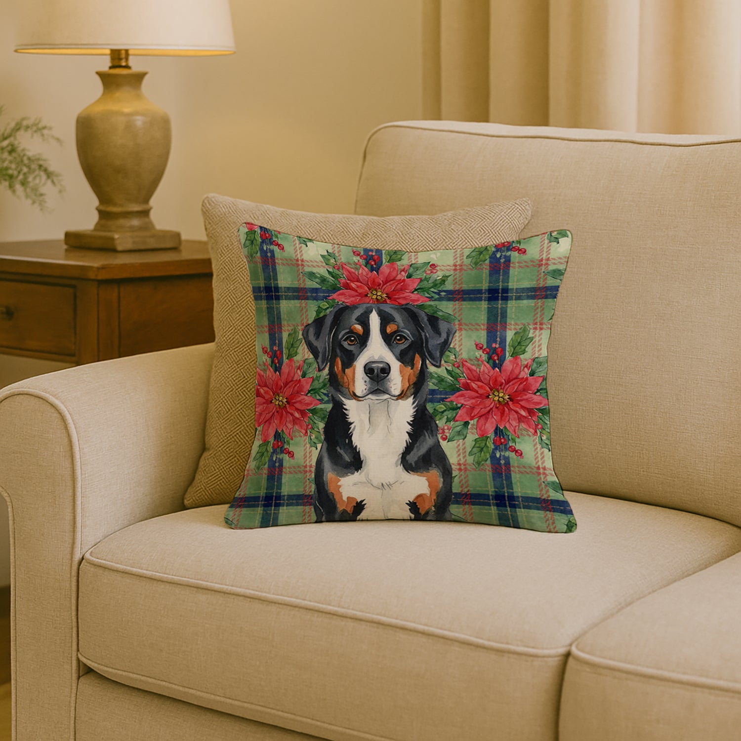Caroline's Treasures Greater Swiss Mountain Dog Christmas PoinsettIas Throw Pillow