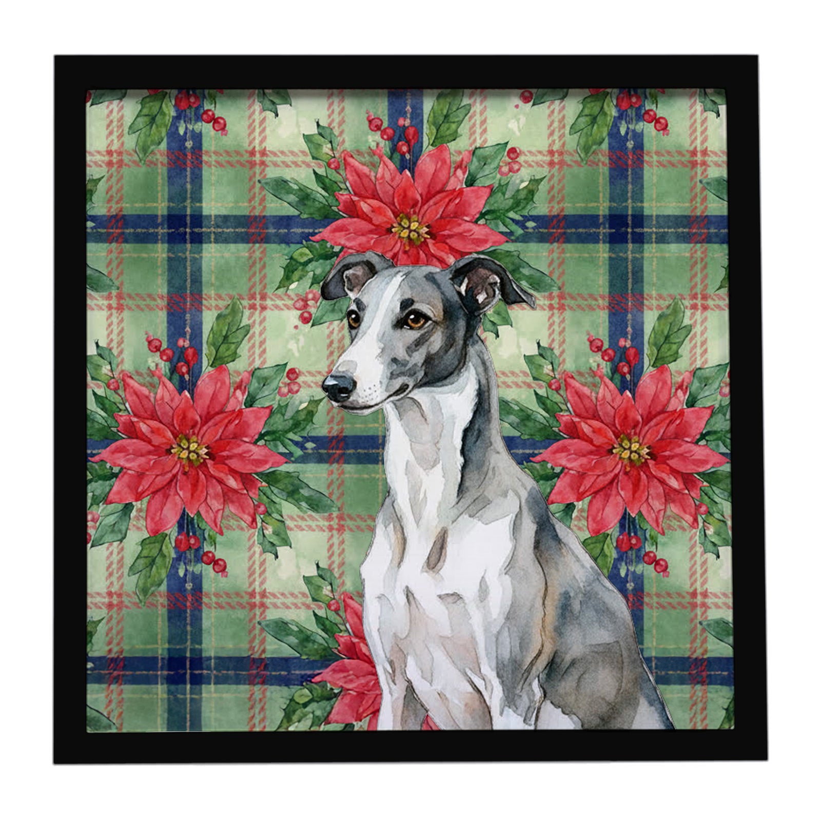Caroline's Treasures Black and White Greyhound Christmas PoinsettIas Framed Metal Print